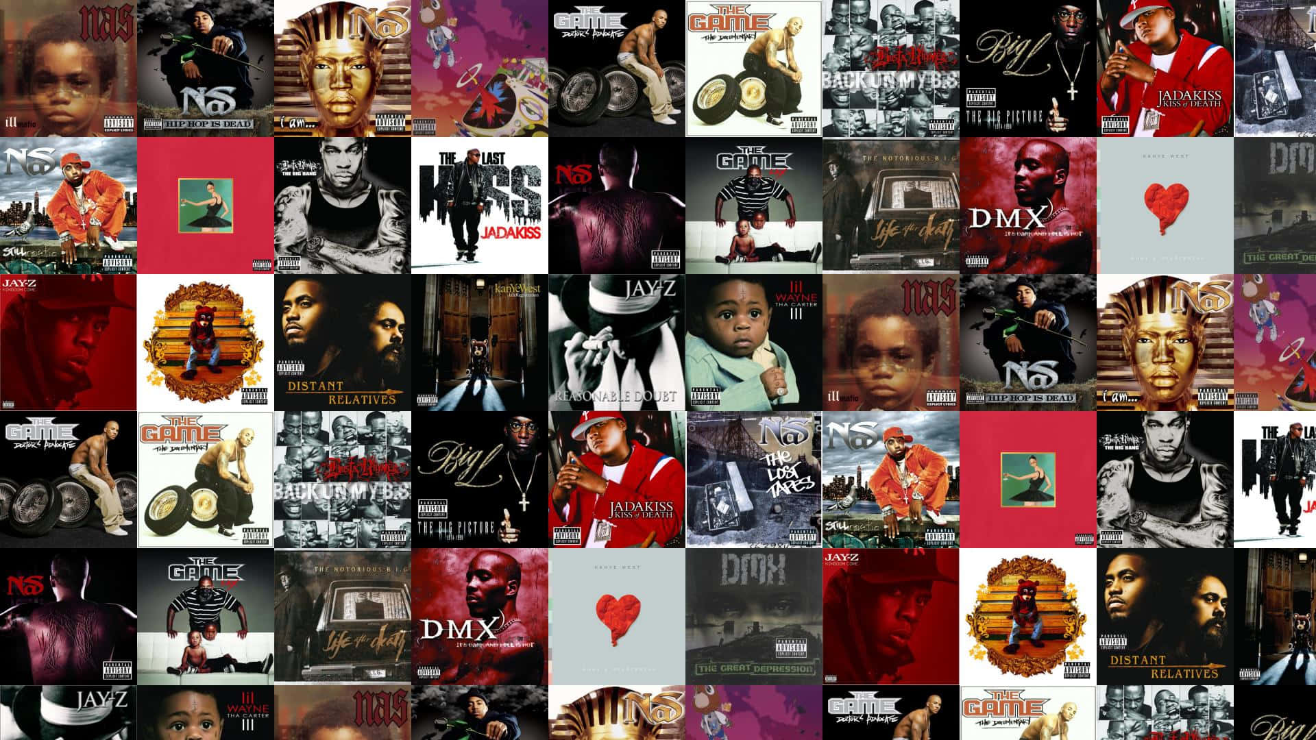 Hip Hop Album Covers 桌布 壁紙 — 一張嘻哈專輯封面的拼貼畫， featuring 藝術家如 DMX、Jay-Z 和 The Game，具有大膽的圖形和強烈的表情。