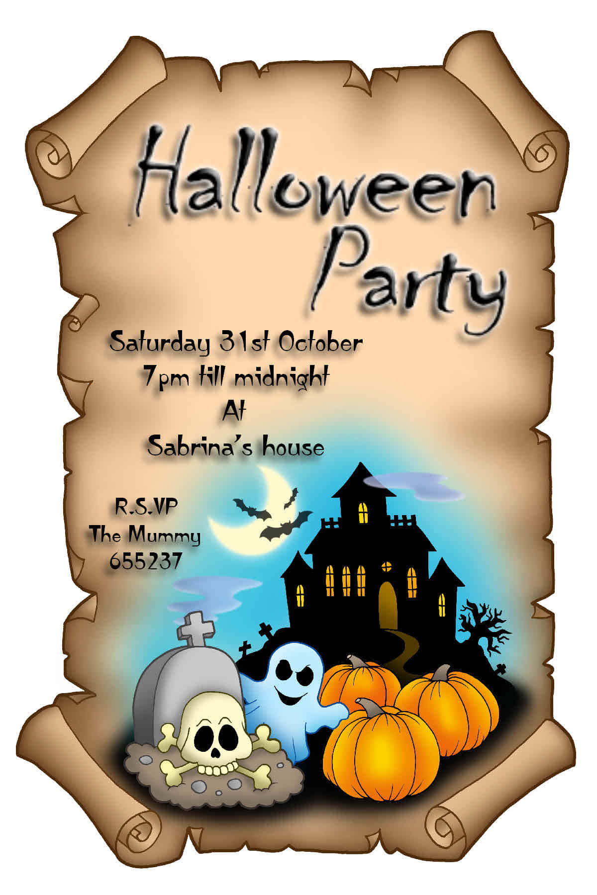 Halloween Invitations 桌布 壁紙 — 一張在仿舊羊皮紙上的恐怖萬聖節派對邀請函，上面有鬼屋、南瓜、幽靈和骷髏頭，背景是一彎新月。