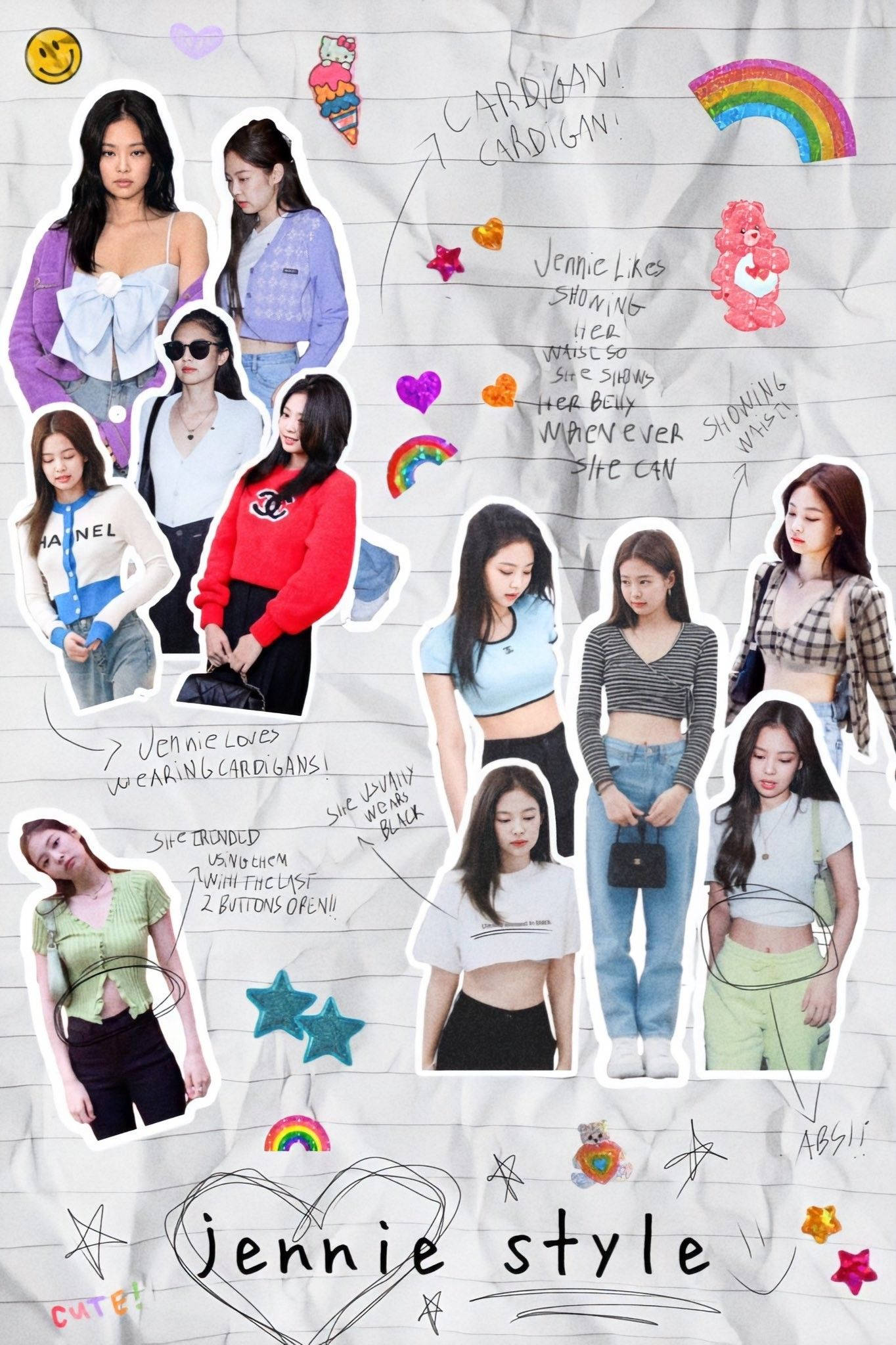 BLACKPINK 桌布 壁紙 — 一張在橫線紙上拼貼 Jennie 剪影的 collage，附有塗鴉和手寫筆記，關於她的時尚風格。