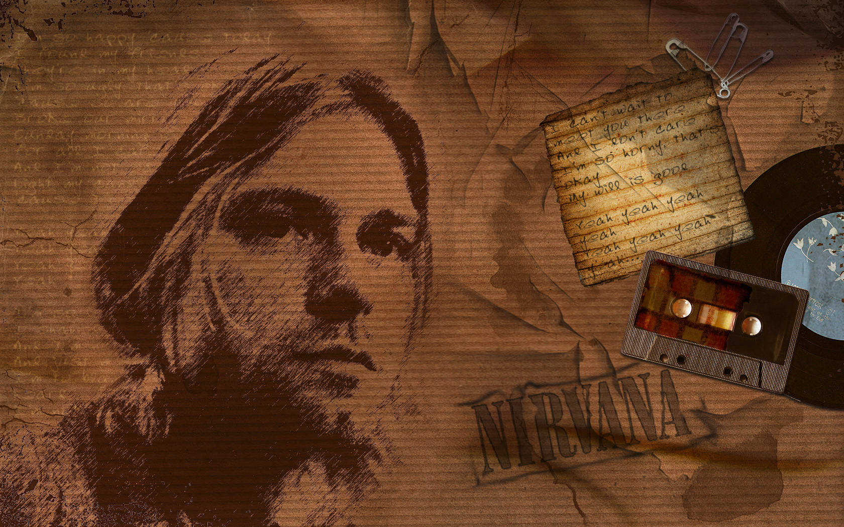 nirvana 桌布 壁紙 — 一張在紋理棕色紙上以手寫歌詞、卡式錄音帶和黑膠唱片呈現的Kurt Cobain復古垃圾搖滾風格肖像。