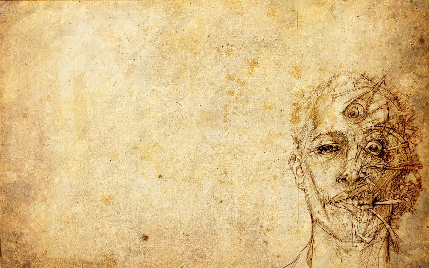 Third Eye 桌布 壁紙 — 一張在舊羊皮紙上繪製、帶有機械元素的人類面孔，細節令人毛骨悚然。