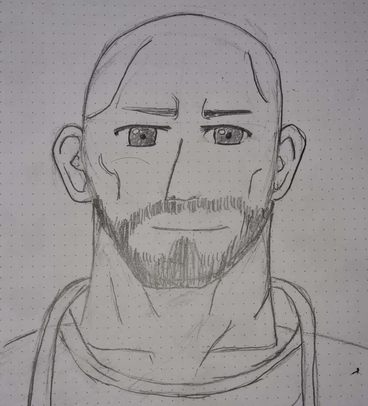 Yuugo Tennouji 桌布 壁紙 — 一張在點點紙上繪製的詳細鉛筆素描，描繪一位禿頭、留鬍鬚且眼神銳利的男子。