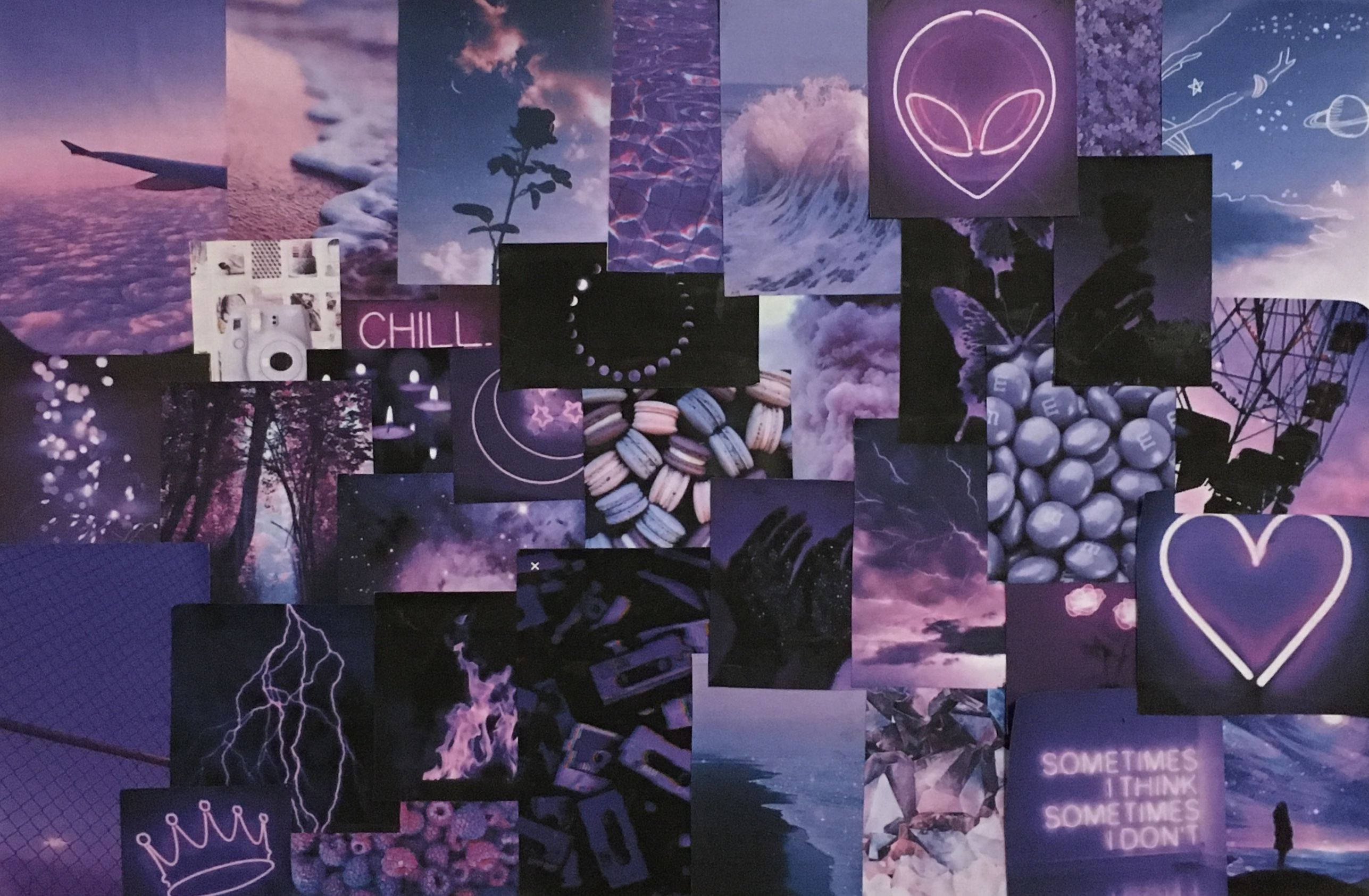 Purple Collage 桌布 壁紙 — 一張夢幻的紫色照片拼貼，包含外星符號、海浪和手寫語錄，呈現憂鬱美學。