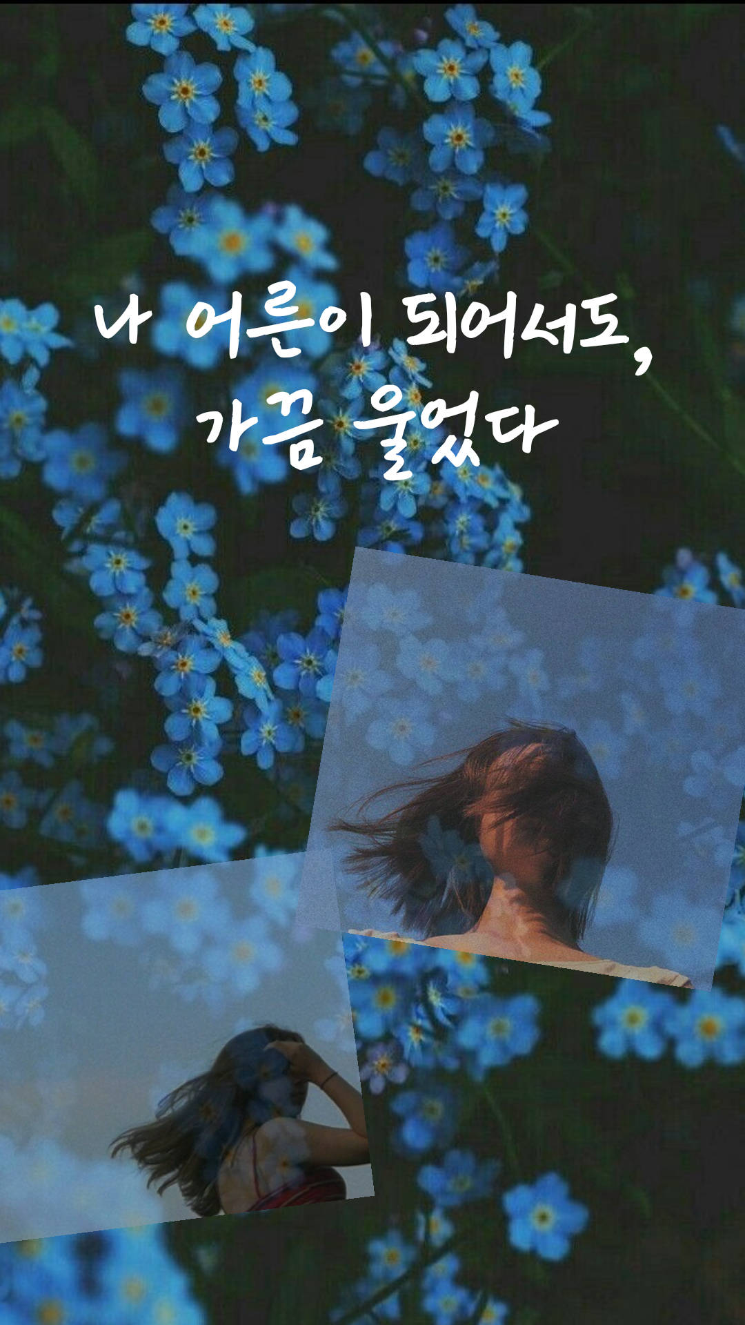 korean 桌布 壁紙 — 一張夢幻般的照片，一個頭髮飄逸的女孩置身於充滿活力的藍色勿忘我花叢中，並帶有韓文文字疊加。
