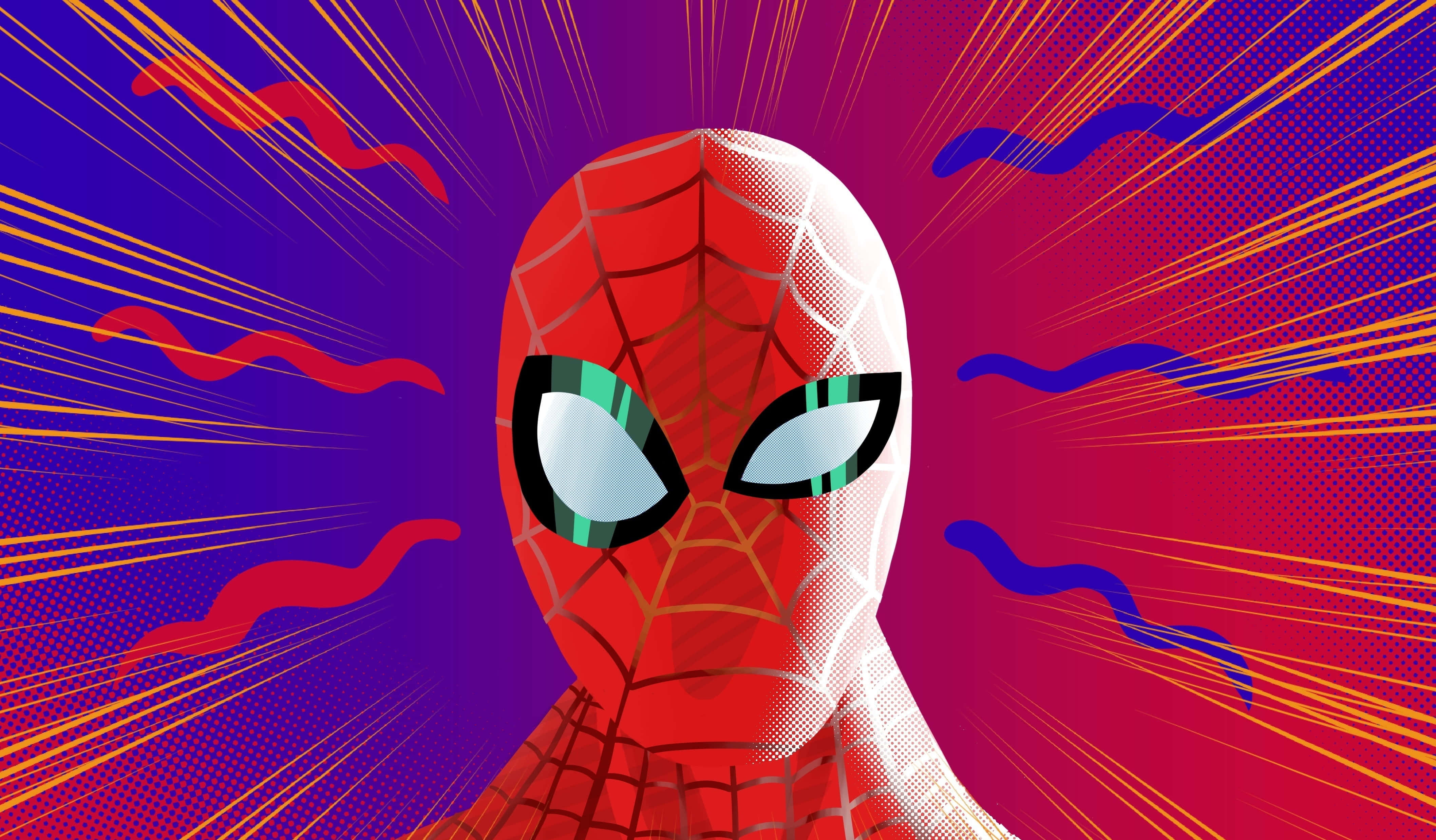Spider-man Spider Sense 桌布 壁紙 — 一張大膽漫畫風格的蜘蛛人頭像，鮮豔的紅、藍、黃色動態線條在網點背景上向外輻射。