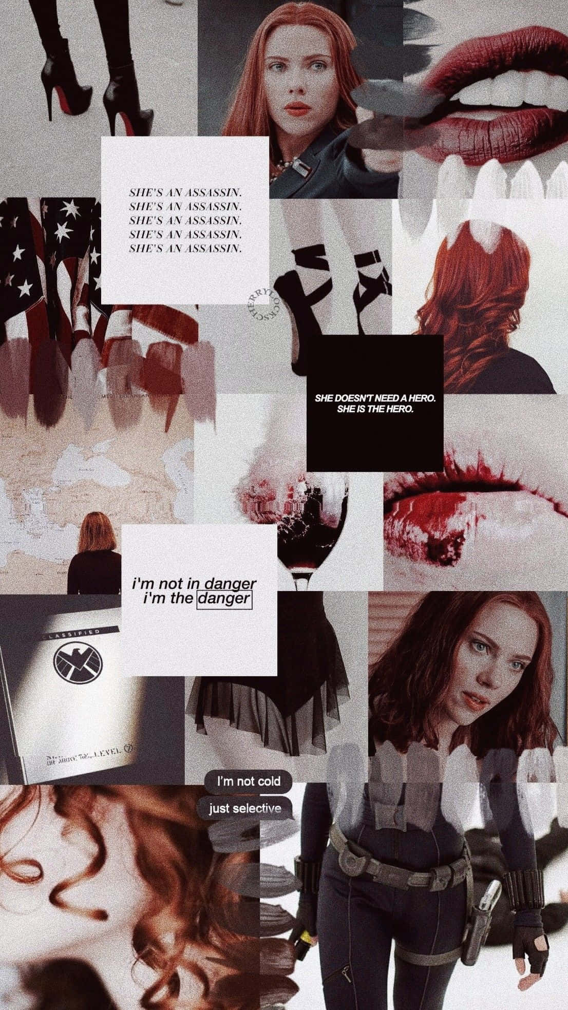 Natasha Romanoff 桌布 壁紙 — 一張大膽的 Black Widow 圖像拼貼，包含她的臉部特寫、紅唇、高跟鞋和文字引言，風格粗獷如電影。