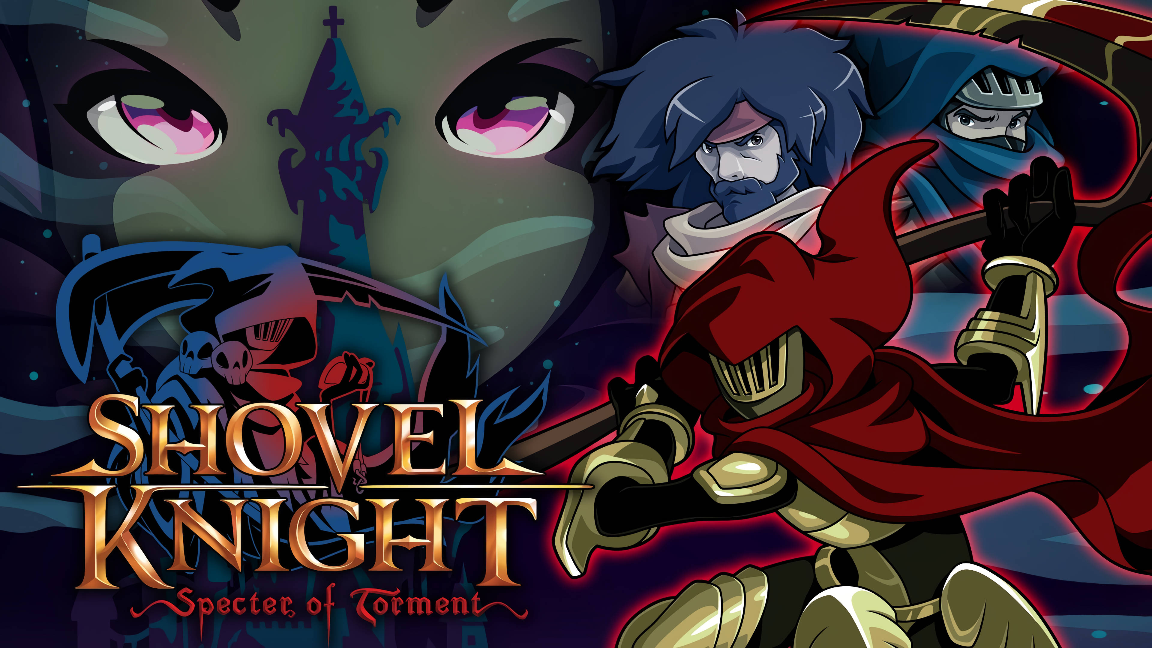 Shovel 桌布 壁紙 — 一張大膽的動漫風格遊戲海報， featuring Shovel Knight 身穿紅色斗篷，在發光的眼睛下揮舞鏟子對抗黑暗幽靈敵人。