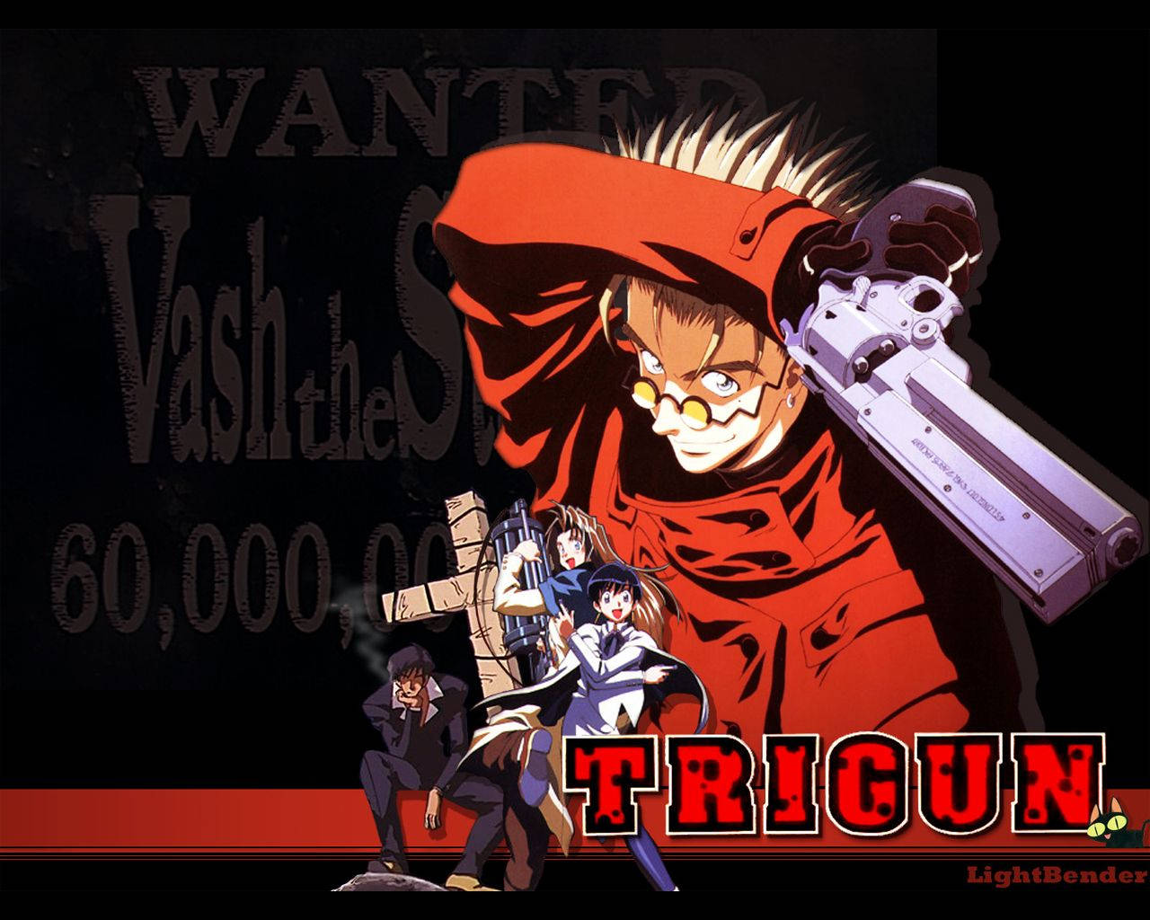 Trigun 桌布 壁紙 — 一張大膽的動畫海報， featuring Vash the Stampede 穿著紅色外套持槍，與其他角色在通緝海報背景前。