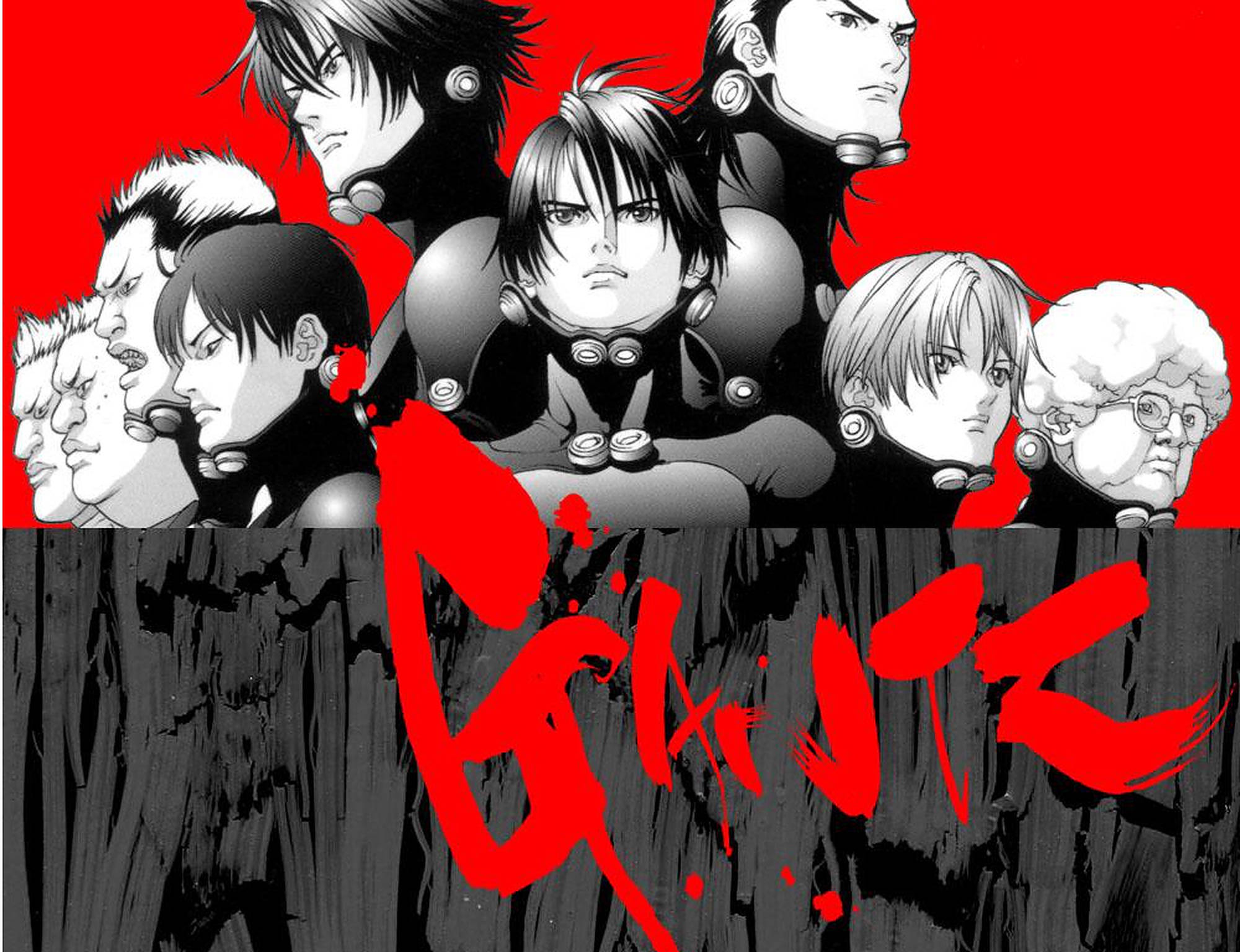 Gantz 桌布 壁紙 — 一張大膽的動畫海報，以黑白呈現七個強烈的角色，背景為鮮紅色，下半部帶有粗糙質感。