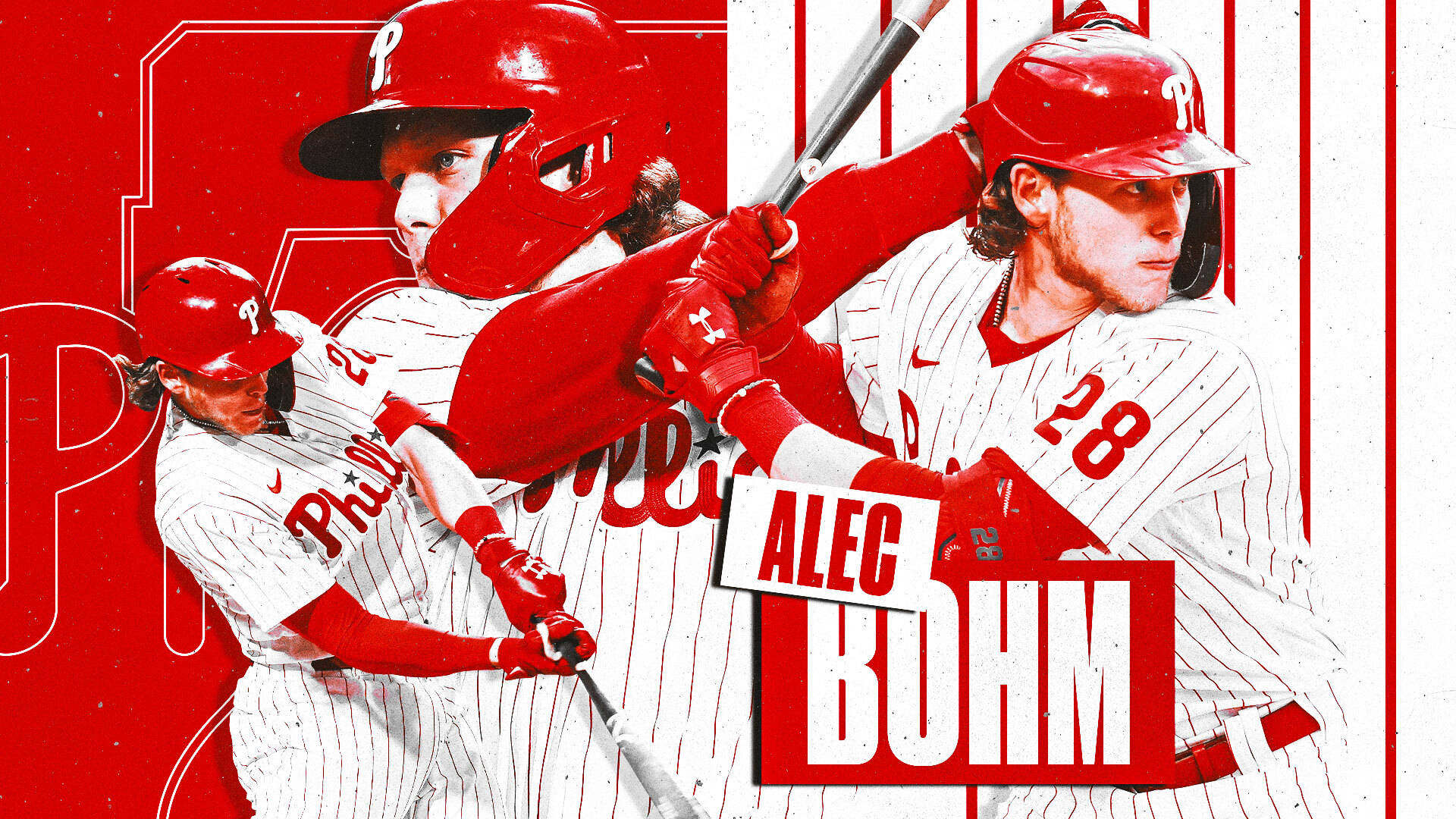Phillies 桌布 壁紙 — 一張大膽的圖形拼貼，描繪棒球選手 Alec Bohm 身穿紅白費城人隊服，在鮮紅色背景中揮棒。