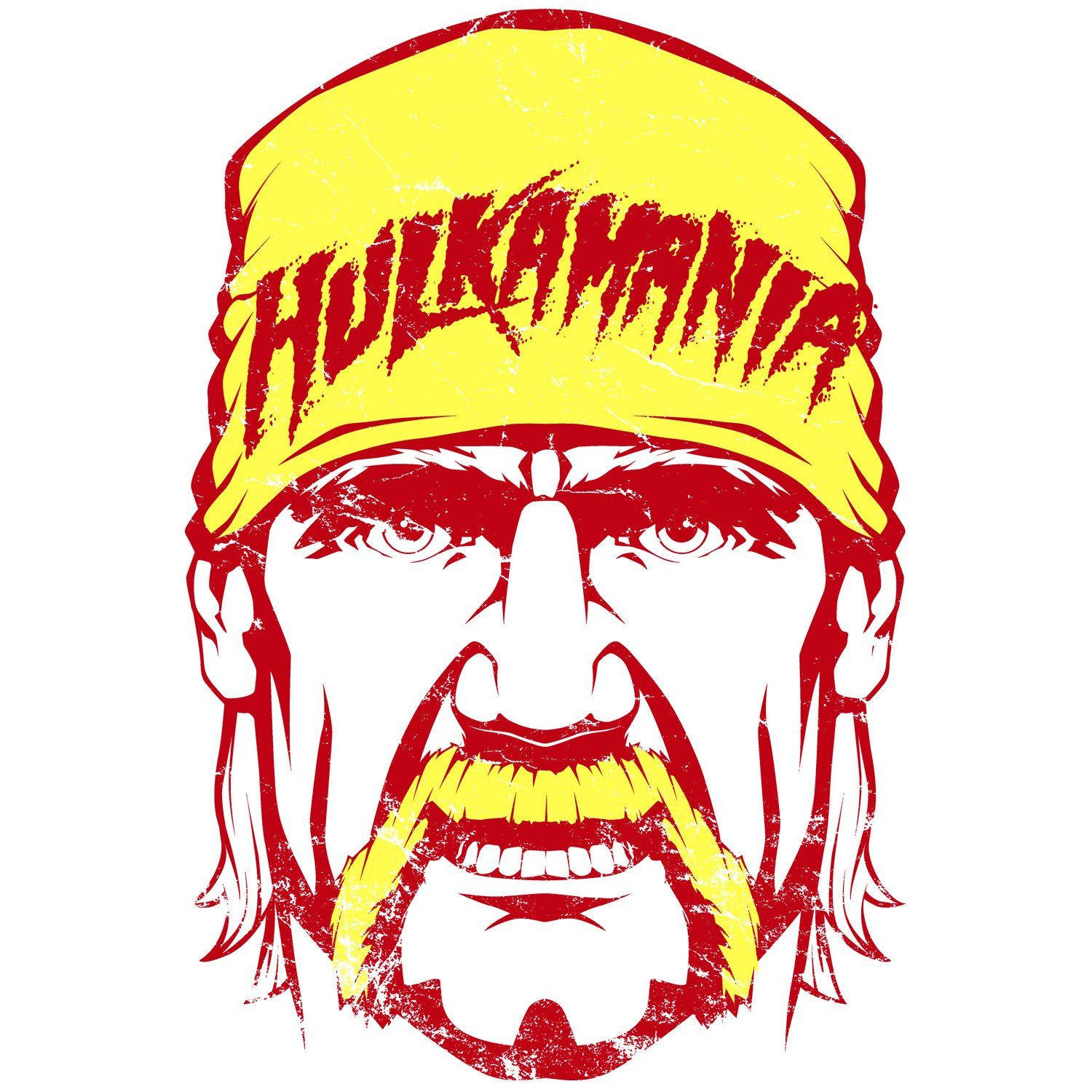 Hulk Hogan 桌布 壁紙 — 一張大膽的圖形插圖，描繪了霍克·霍根的臉，戴著黃色頭巾，上面有紅色的Hulkamania字樣，背景為白色。