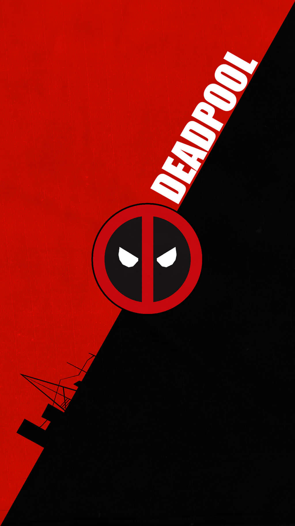 Deadpool Logo 桌布 壁紙 — 一張大膽的圖形海報，以死侍標誌性的紅黑面具標誌為特色，背景分為紅色和黑色，他的名字以白色呈現。