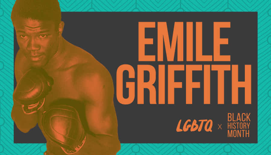 Lgbtq 桌布 壁紙 — 一張大膽的圖形肖像，描繪拳擊手埃米爾·格里菲斯（Emile Griffith）擺出戰鬥姿勢，背景為青綠色圖案，並以橙色文字慶祝LGBTQ和黑人歷史月。