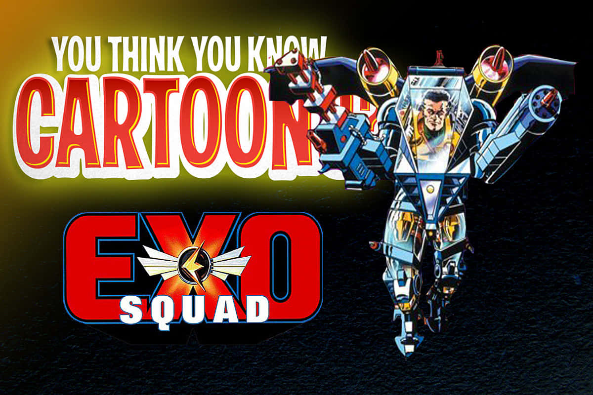 Cartoon 桌布 壁紙 — 一張大膽的復古動畫海報，為 Exo Squad 設計， featuring 一名駕駛員在藍金色機甲中，背景黑暗，文字發光。