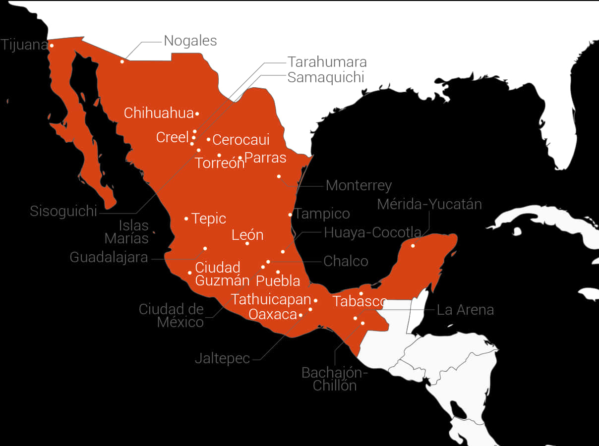 Mapa De Mexico 桌布 壁紙 — 一張大膽的橙色墨西哥地圖，在鮮明的黑色背景上以白色標籤突出顯示城市和地區。