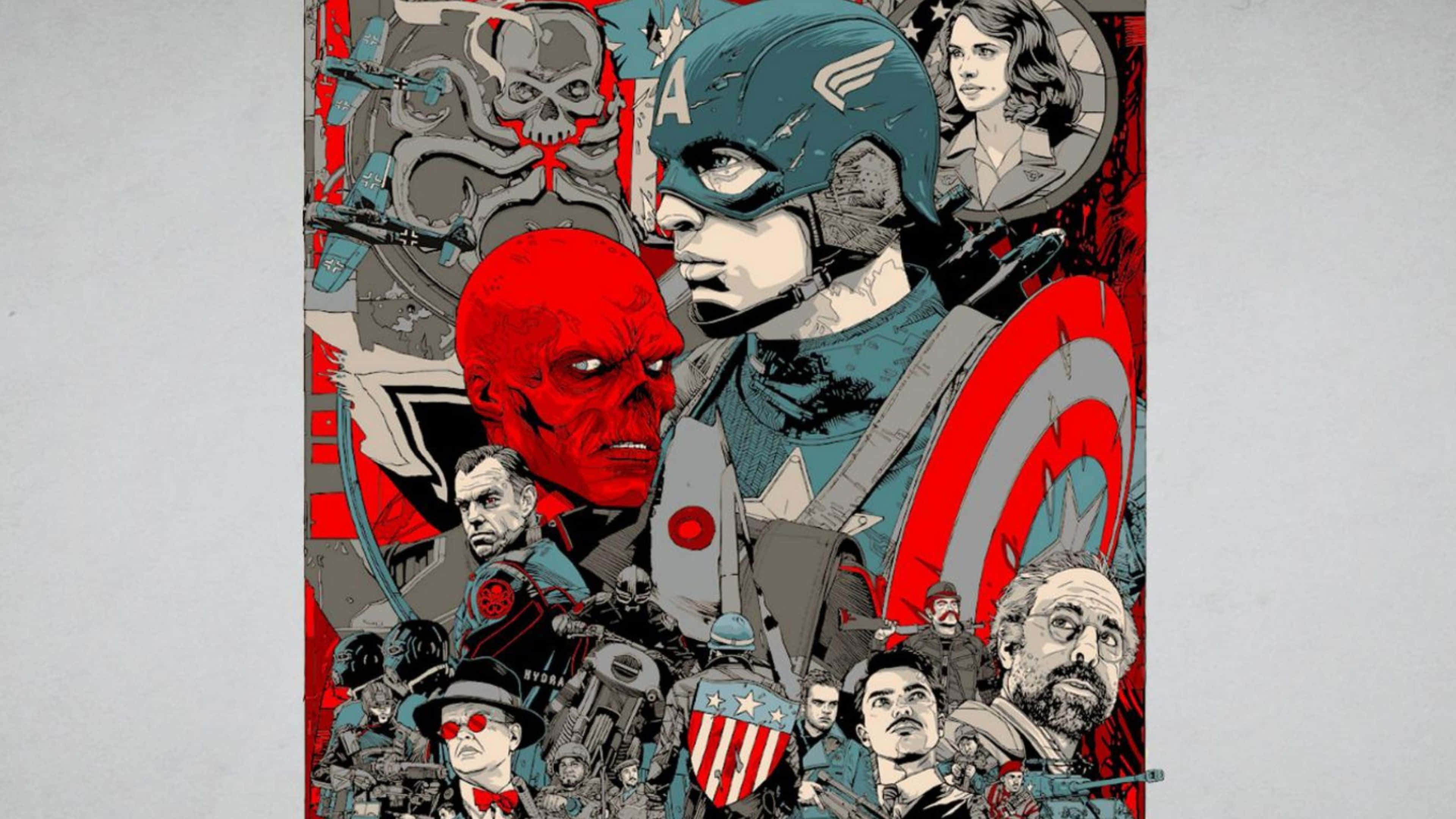 4K Captain America 桌布 壁紙 — 一張大膽的漫畫風格拼貼畫，描繪了美國隊長和其他漫威英雄與反派，姿勢動感十足。