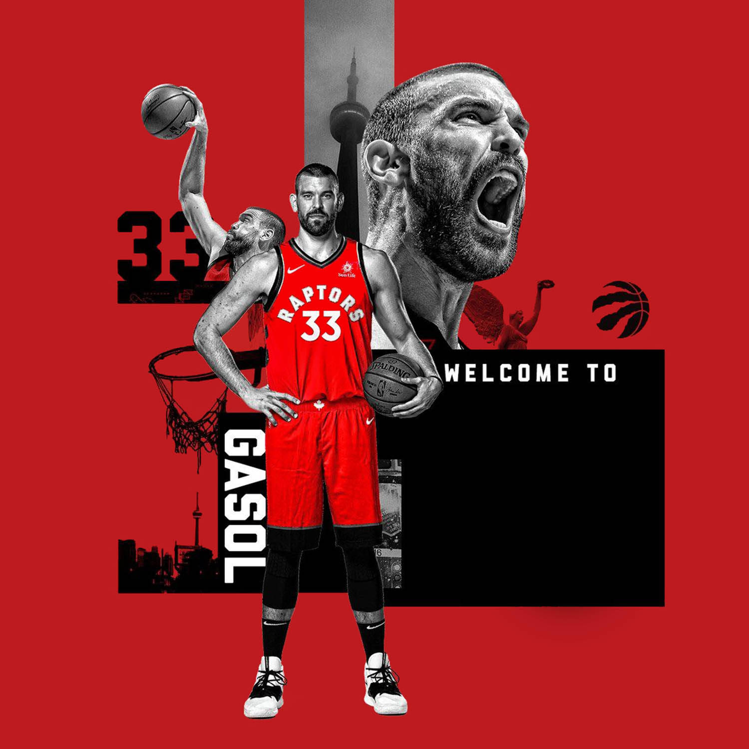 Marc Gasol 桌布 壁紙 — 一張大膽的紅色圖形拼貼， featuring 籃球運動員 Marc Gasol 身穿 Raptors 球衣，搭配動態動作鏡頭和多倫多天際線元素。
