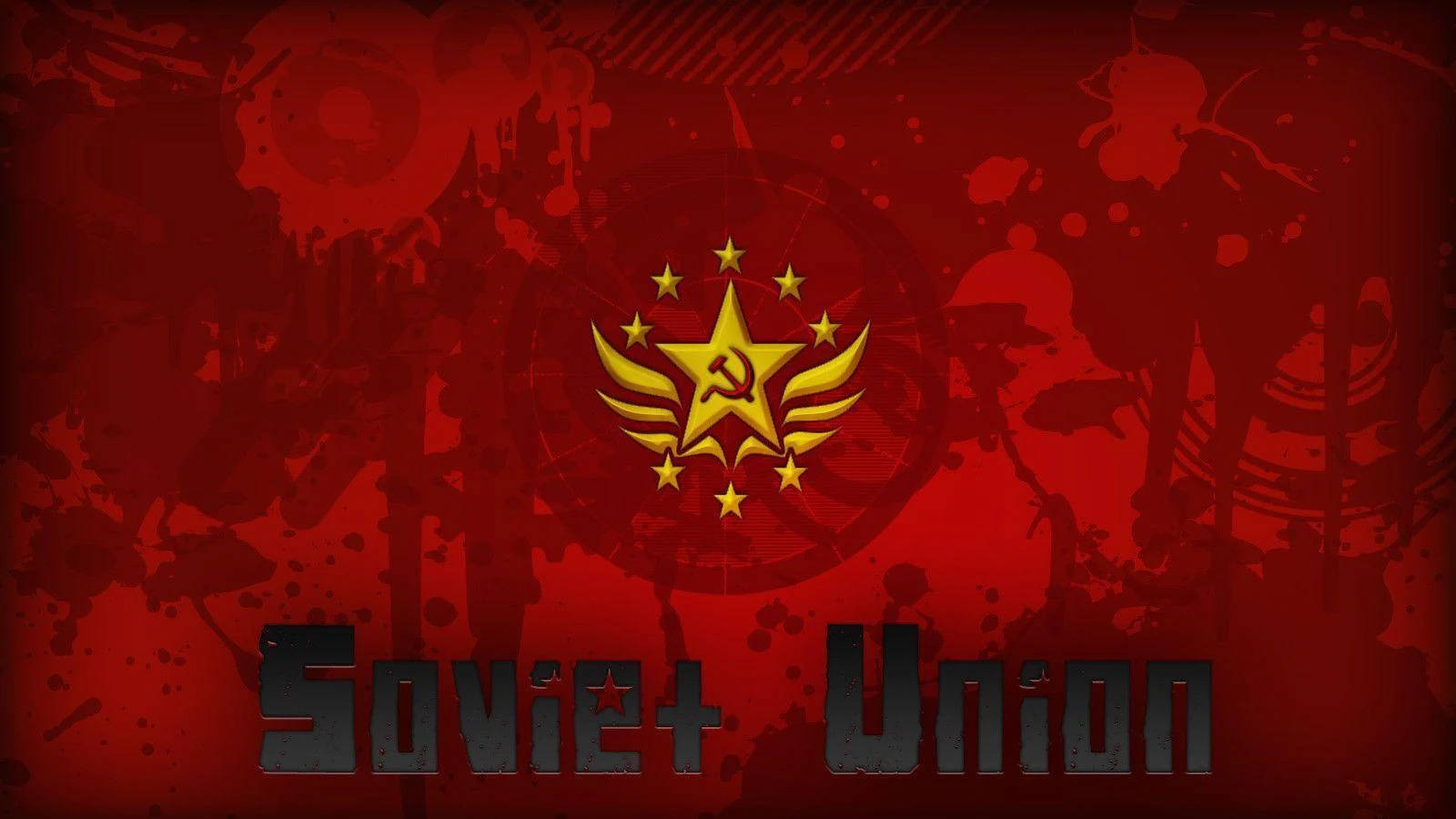 Union 桌布 壁紙 — 一張大膽的紅色壁紙，上面有金色的蘇聯星，帶有錘子和鐮刀翅膀，濺有深紅色油漆，並有文字蘇聯。