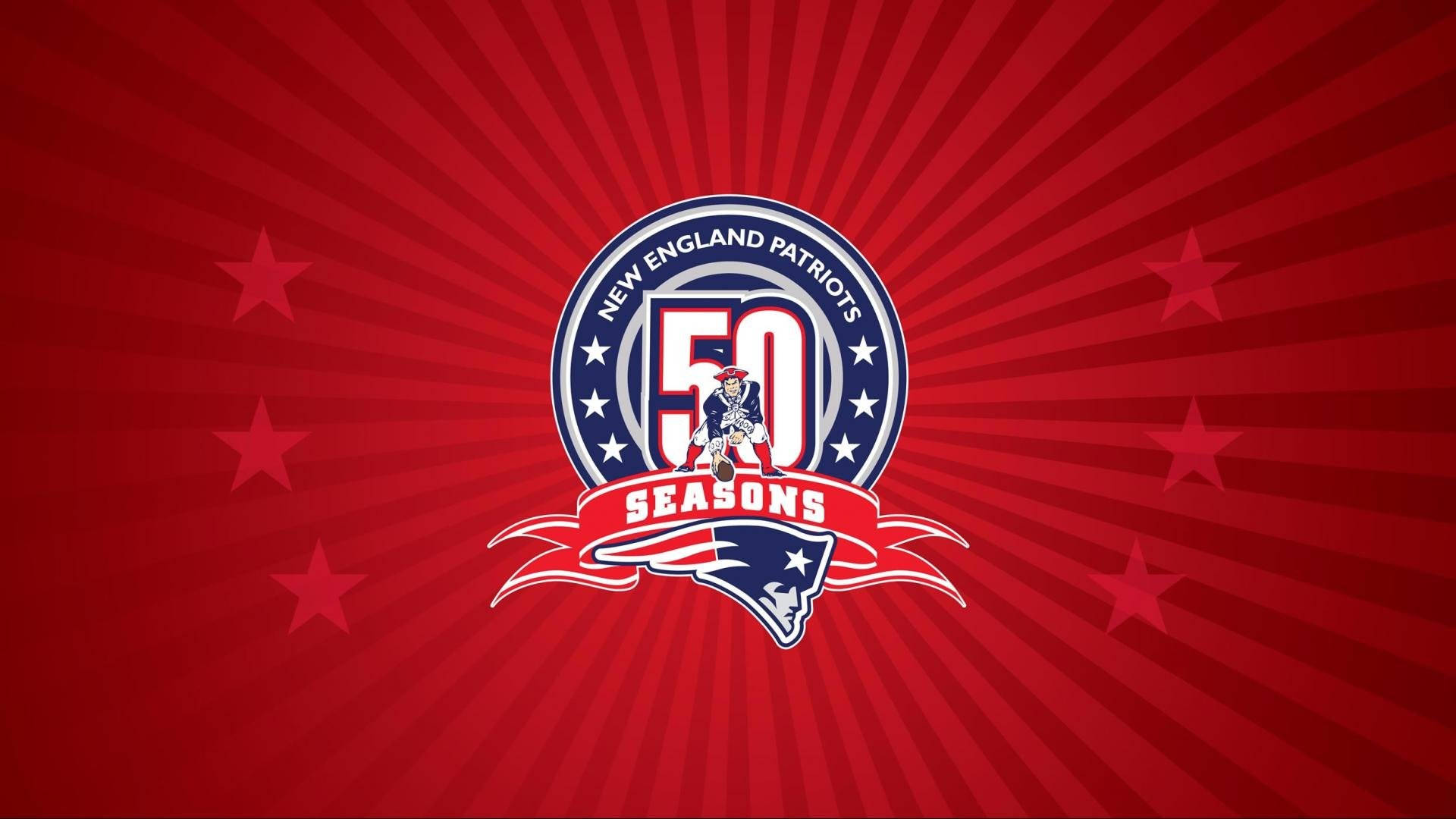 Patriots Logo 桌布 壁紙 — 一張大膽的紅色壁紙，帶有放射線和星星，展示新英格蘭愛國者隊50季標誌。