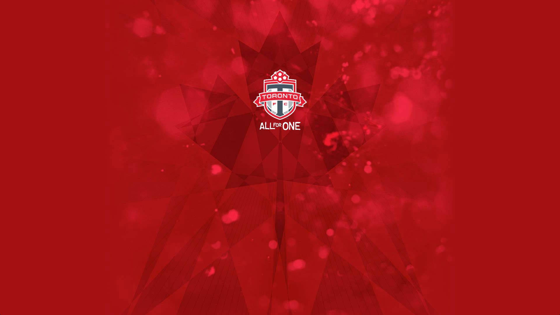 足球 桌布 壁紙 — 一張大膽的紅色幾何圖案壁紙，中央是 Toronto FC 標誌，置於風格化的楓葉之上，帶有散景效果。