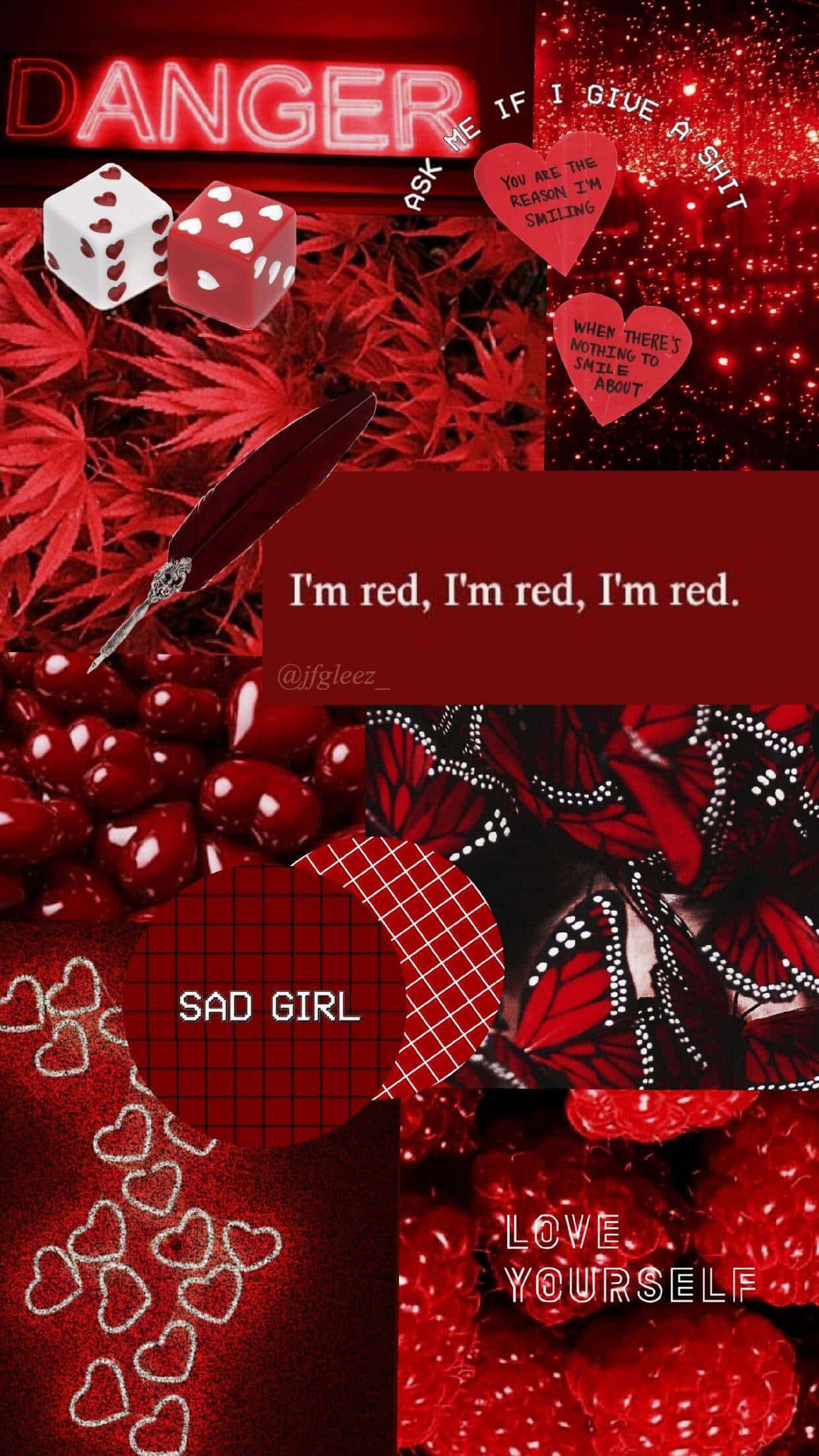 Red Collage 桌布 壁紙 — 一張大膽的紅色拼貼畫，包含骰子、心形、文字和漿果，並有danger和sad girl等短語。