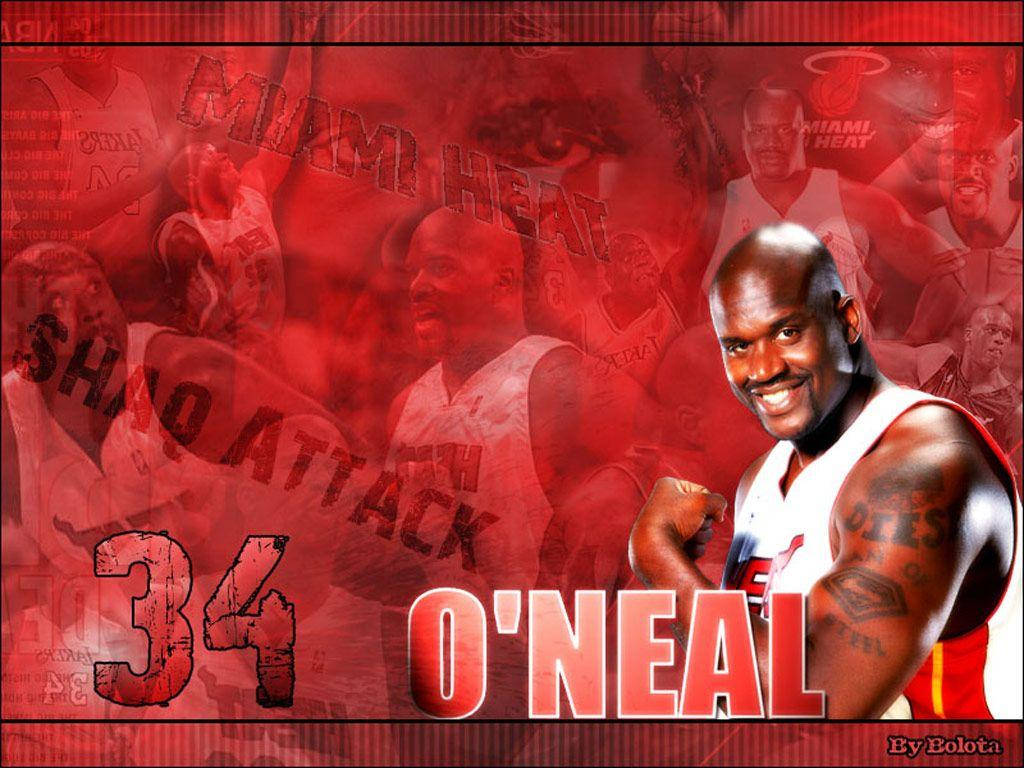 Shaquille O'neal 桌布 壁紙 — 一張大膽的紅色桌布， featuring Shaquille O'Neal 穿著邁阿密熱火隊球衣，帶有分層動作鏡頭和文字 'SHAQ ATTACK' 及 '34 O'NEAL'。