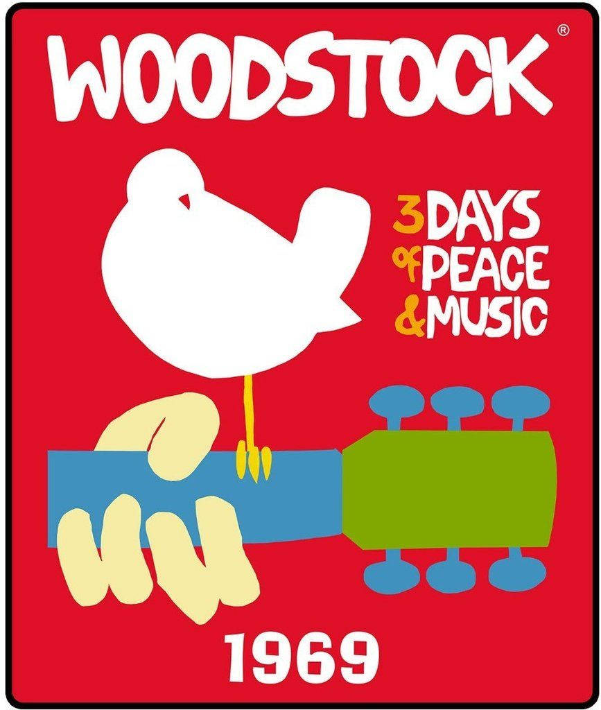 Woodstock 桌布 壁紙 — 一張大膽的紅色海報，紀念1969年胡士托音樂節，一隻白鴿棲息在黃手拿著的藍色吉他上。