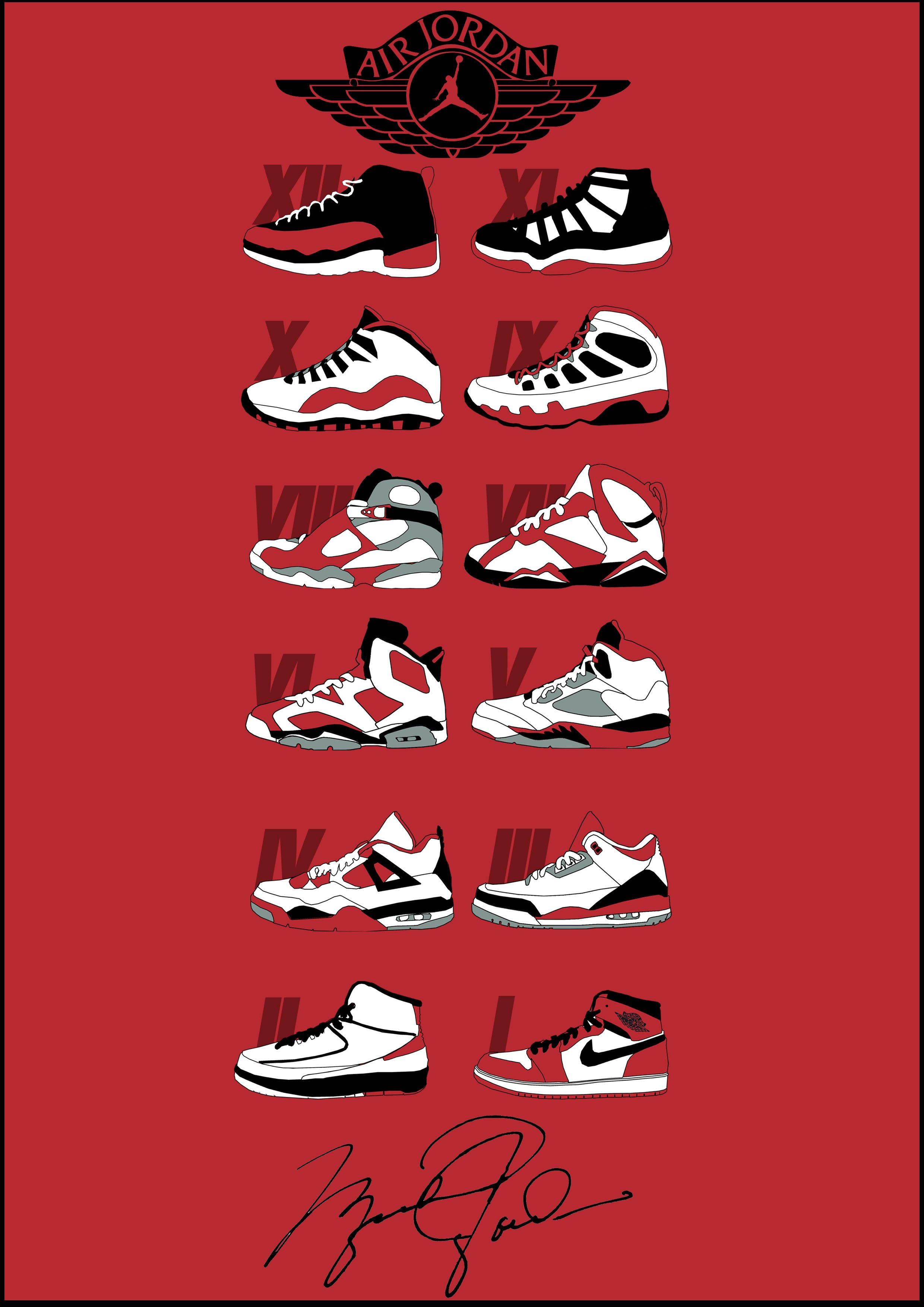 Nike Air Jordan 1 桌布 壁紙 — 一張大膽的紅色海報展示了十雙標誌性的Air Jordan運動鞋，成對垂直排列，上方有羅馬數字和Jumpman標誌，底部有簽名。