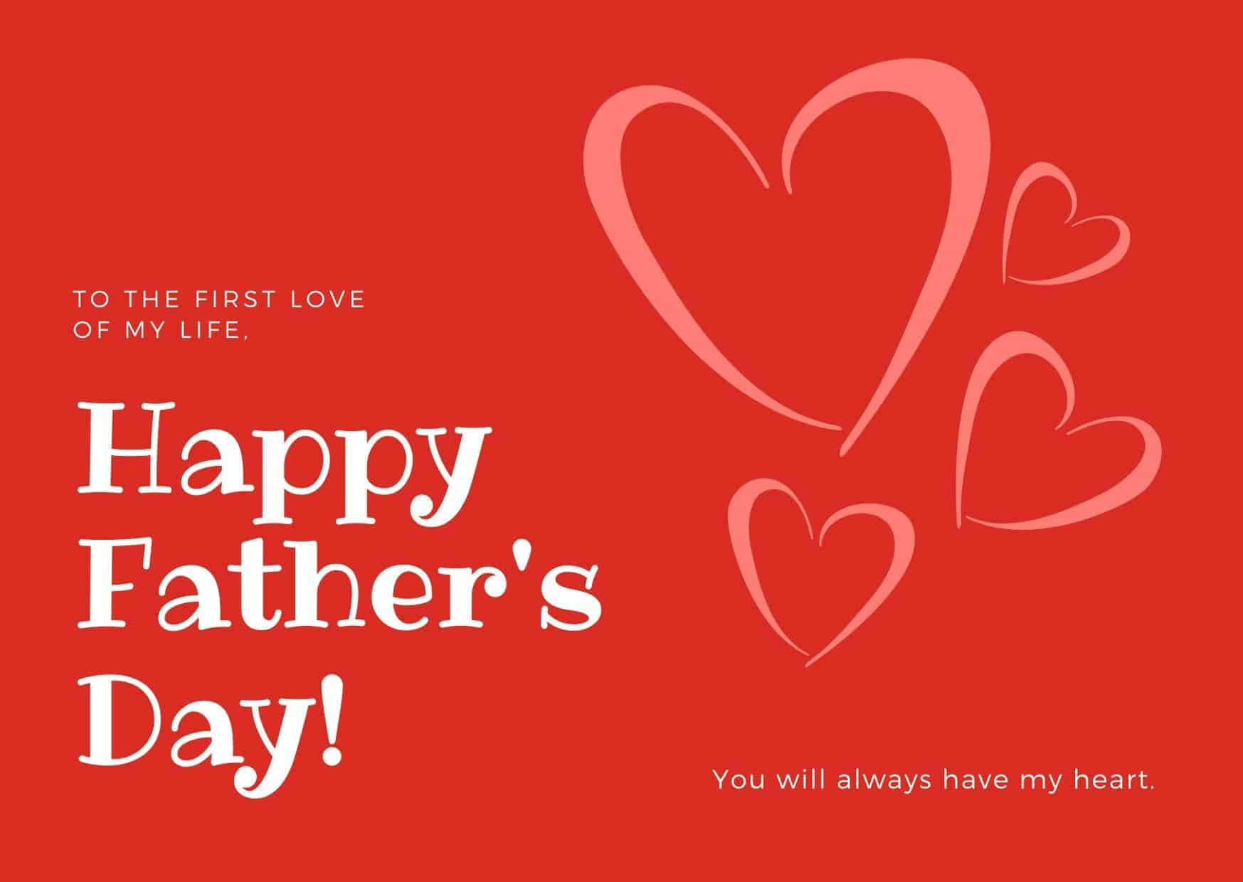 Fathers Day 桌布 壁紙 — 一張大膽的紅色父親節賀卡，帶有白色文字和輪廓心形，傳達衷心的感激之情。