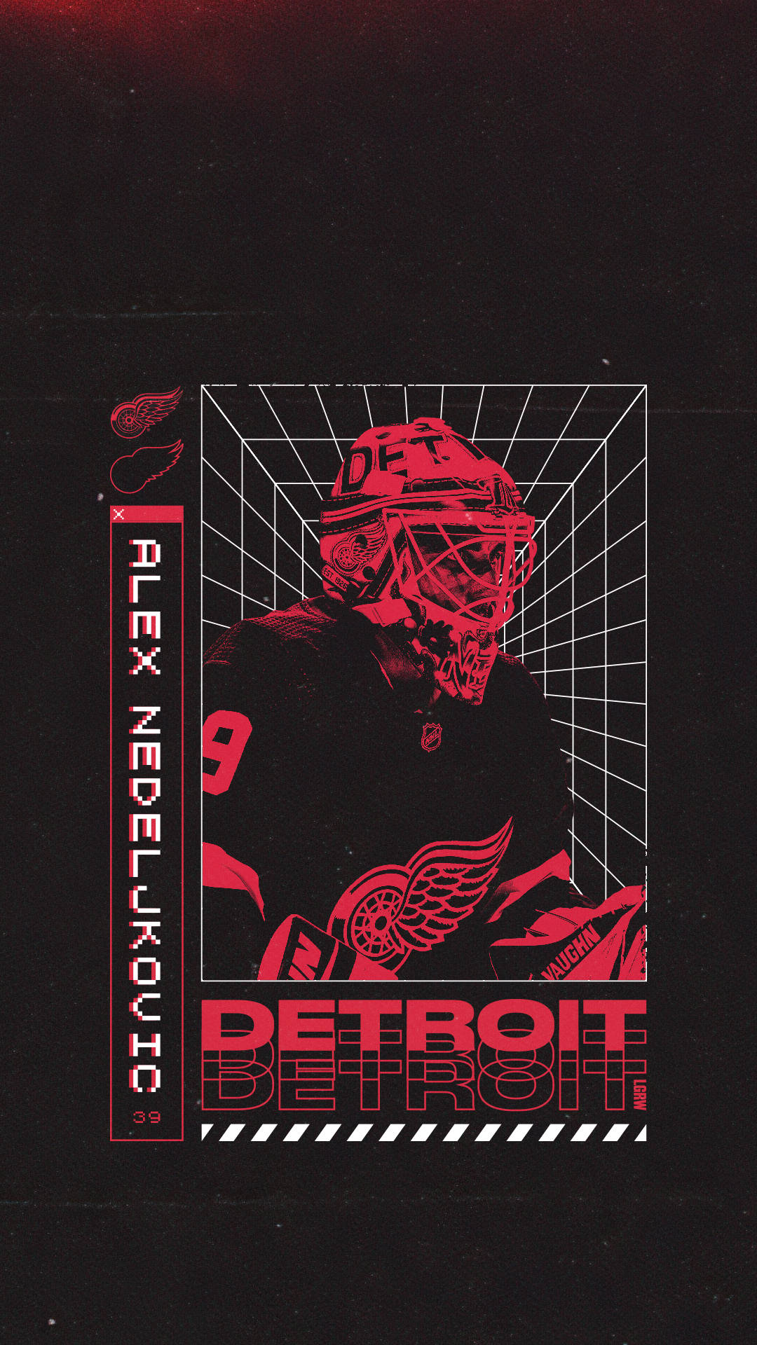 detroit 桌布 壁紙 — 一張大膽的紅黑圖像，冰球守門員 Alex Nedeljkovic 在一個風格化的網格框架中，帶有底特律紅翼隊的品牌標誌。