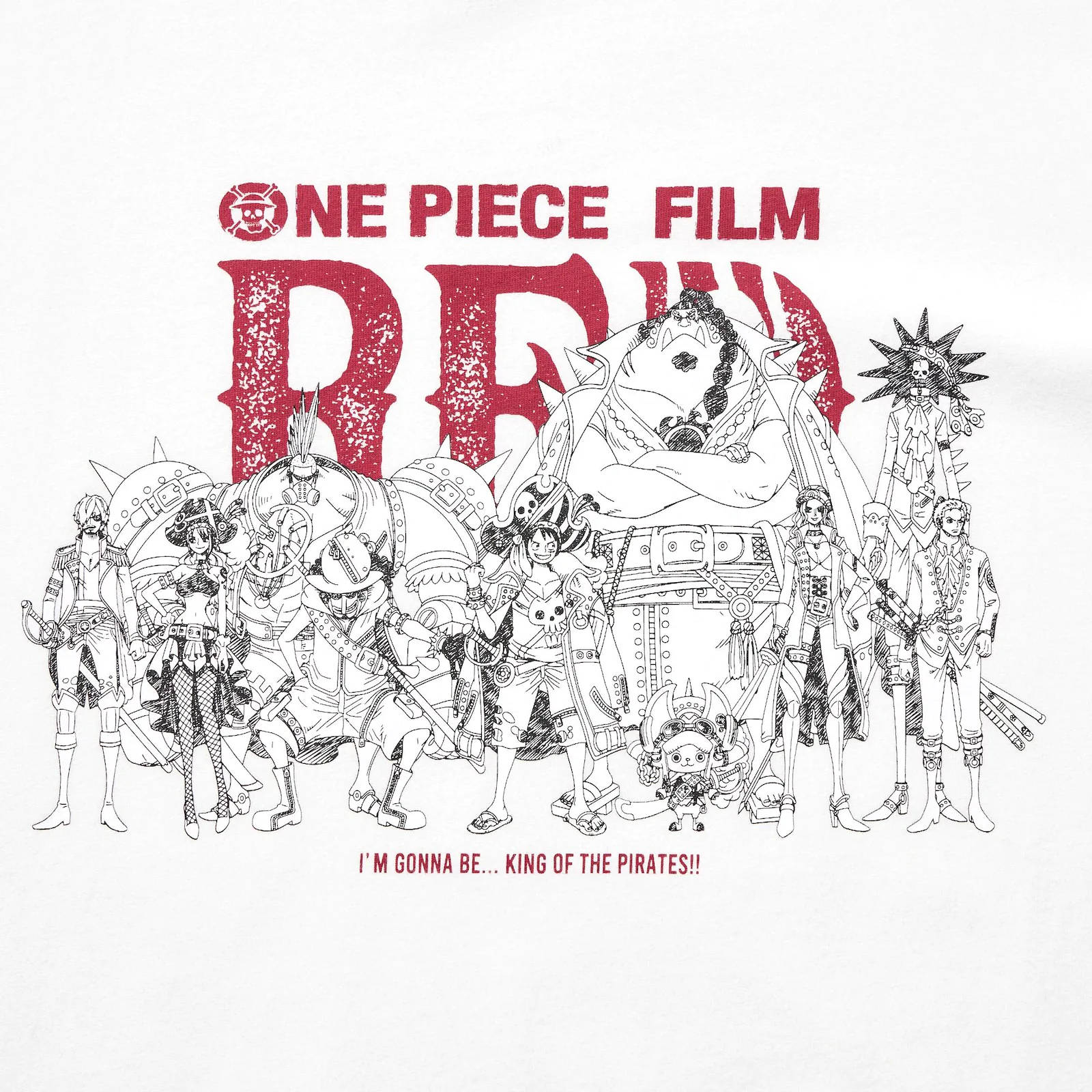 電影動圖 桌布 壁紙 — 一張大膽的紅黑線條藝術海報，為《ONE PIECE FILM RED》而設計，展示一排海盜角色，標語為「我要成為海賊王」。