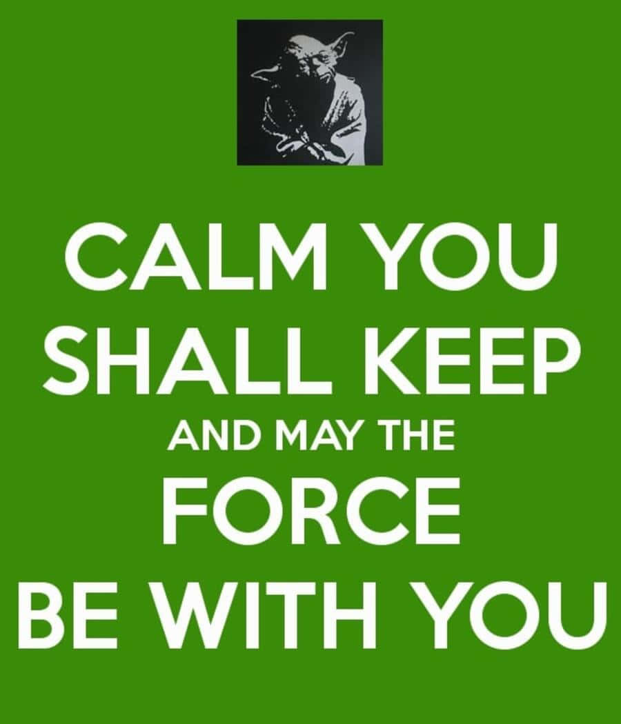 May The Force Be With You 桌布 壁紙 — 一張大膽的綠色海報，在白色文字「CALM YOU SHALL KEEP AND MAY THE FORCE BE WITH YOU」上方展示了一幅黑白尤達肖像。