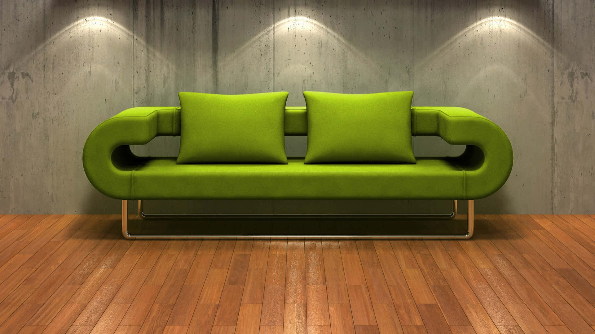 Couch 桌布 壁紙 — 一張大膽的萊姆綠色現代沙發，帶有彎曲扶手和兩個配套枕頭，置於木地板上，面向紋理混凝土牆，下方有三盞聚光燈。