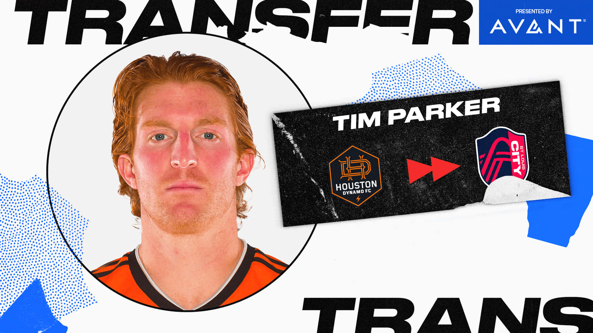 足球 桌布 壁紙 — 一張大膽的體育轉會圖像，展示Tim Parker的肖像和球會標誌，背景為動態的藍白配色。