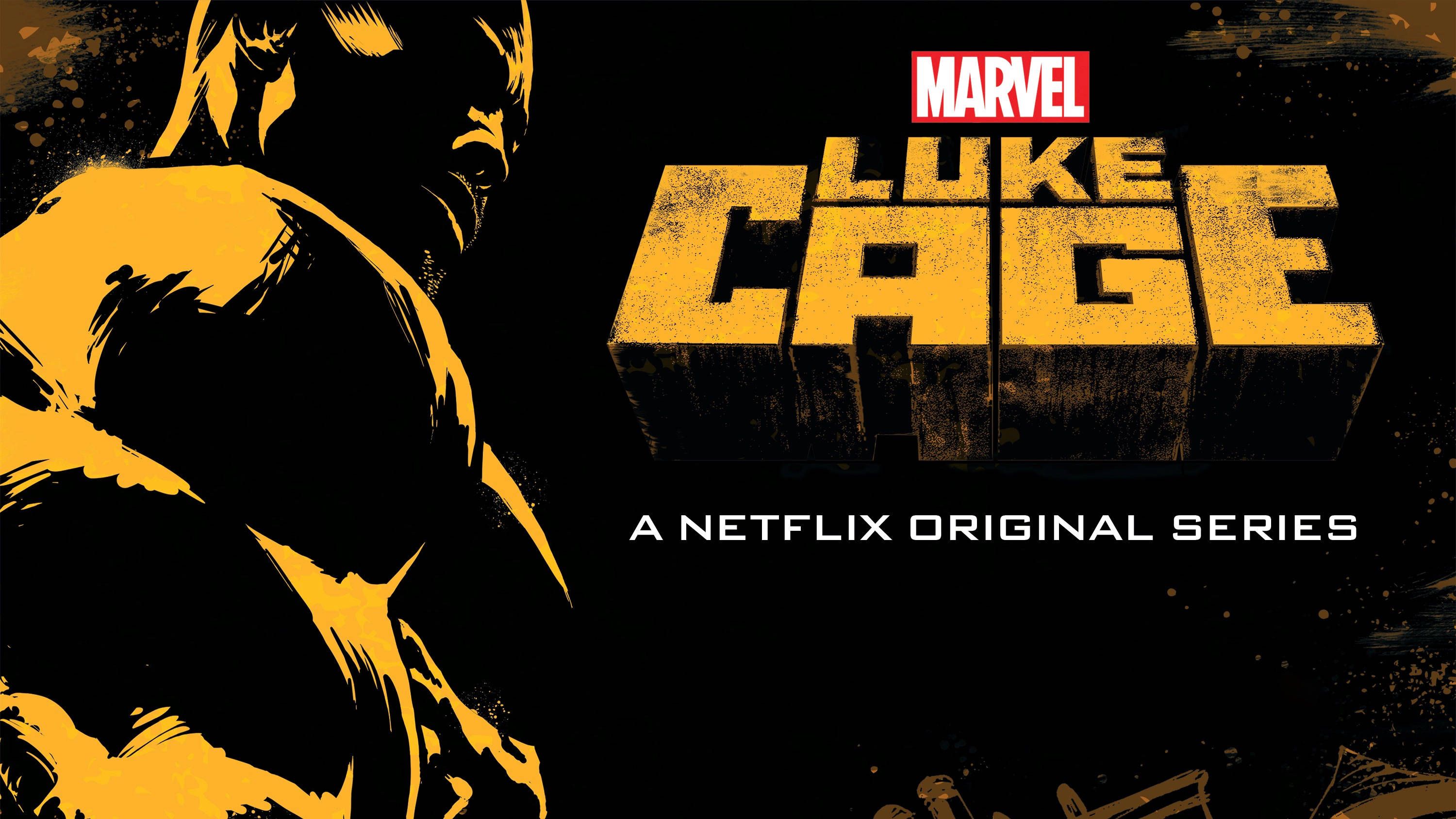 漫威 桌布 壁紙 — 一張大膽的黃色和黑色漫畫風格海報，為Marvel的Luke Cage Netflix系列設計， featuring 一個肌肉發達的剪影。
