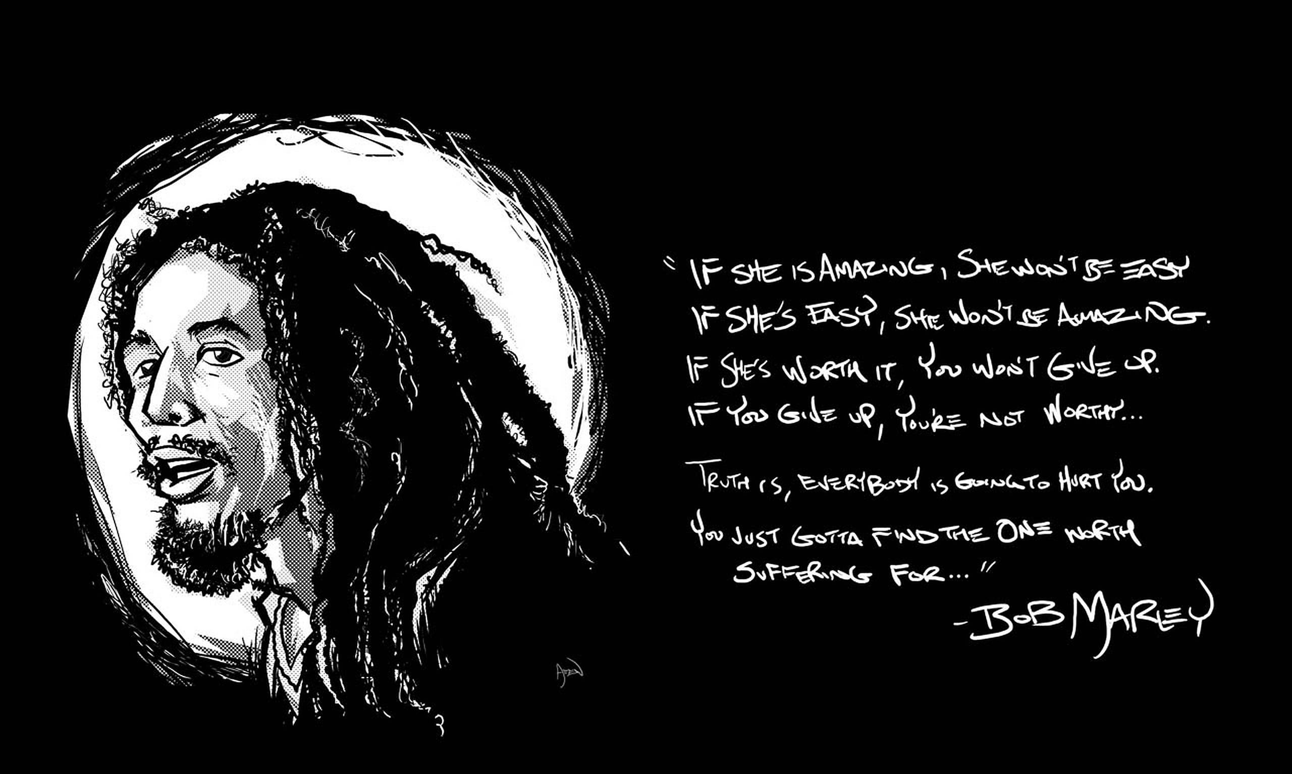 bob 桌布 壁紙 — 一張大膽的黑白插圖，描繪了鮑勃·馬利，旁邊是他的肖像，並附有關於愛與價值的名言。