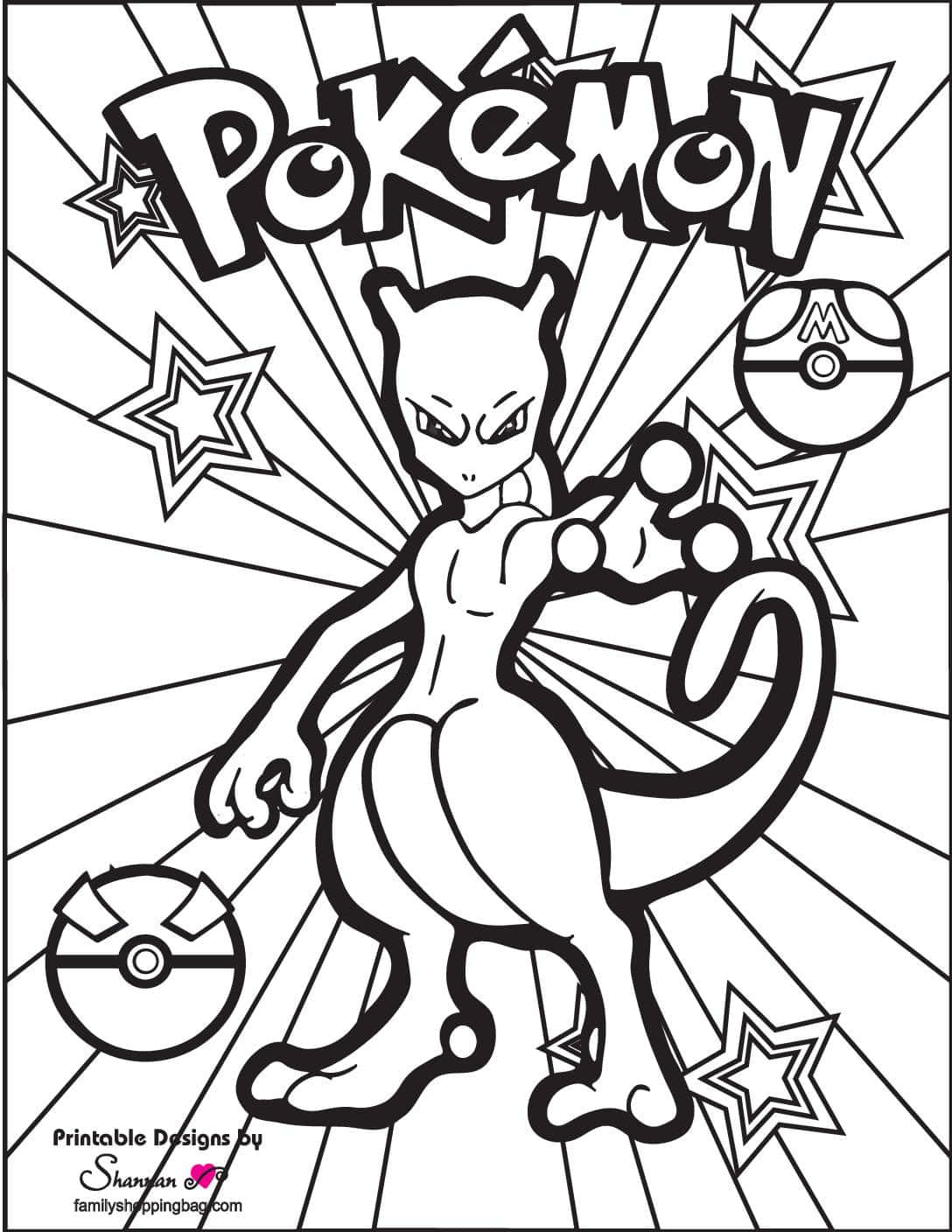 Pokemon Coloring 桌布 壁紙 — 一張大膽的黑白線條藝術填色頁， featuring 寶可夢超夢英雄式站立，配以精靈球和星星在動態的太陽光線背景中。