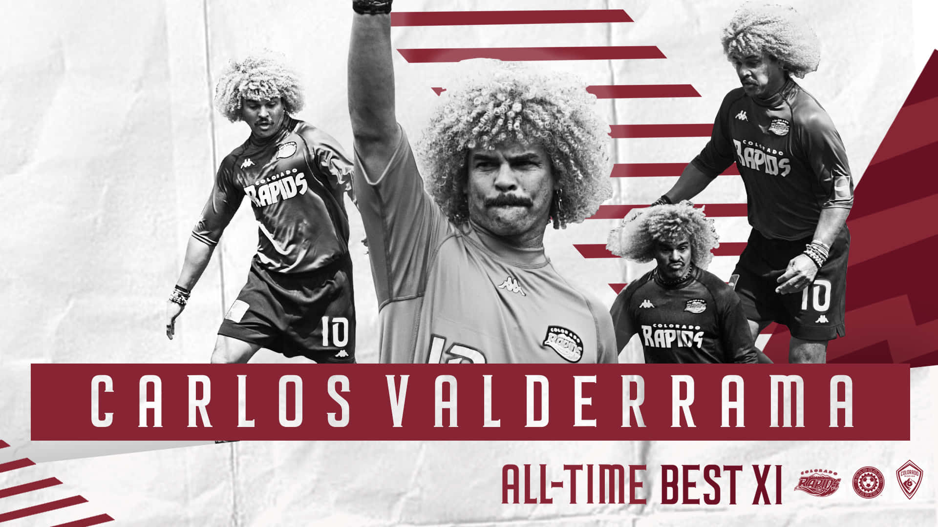 足球 桌布 壁紙 — 一張大膽的黑白運動海報， featuring Carlos Valderrama 和隊友穿著 'Rapids' 球衣，帶有狂野的爆炸頭和紅色幾何裝飾。