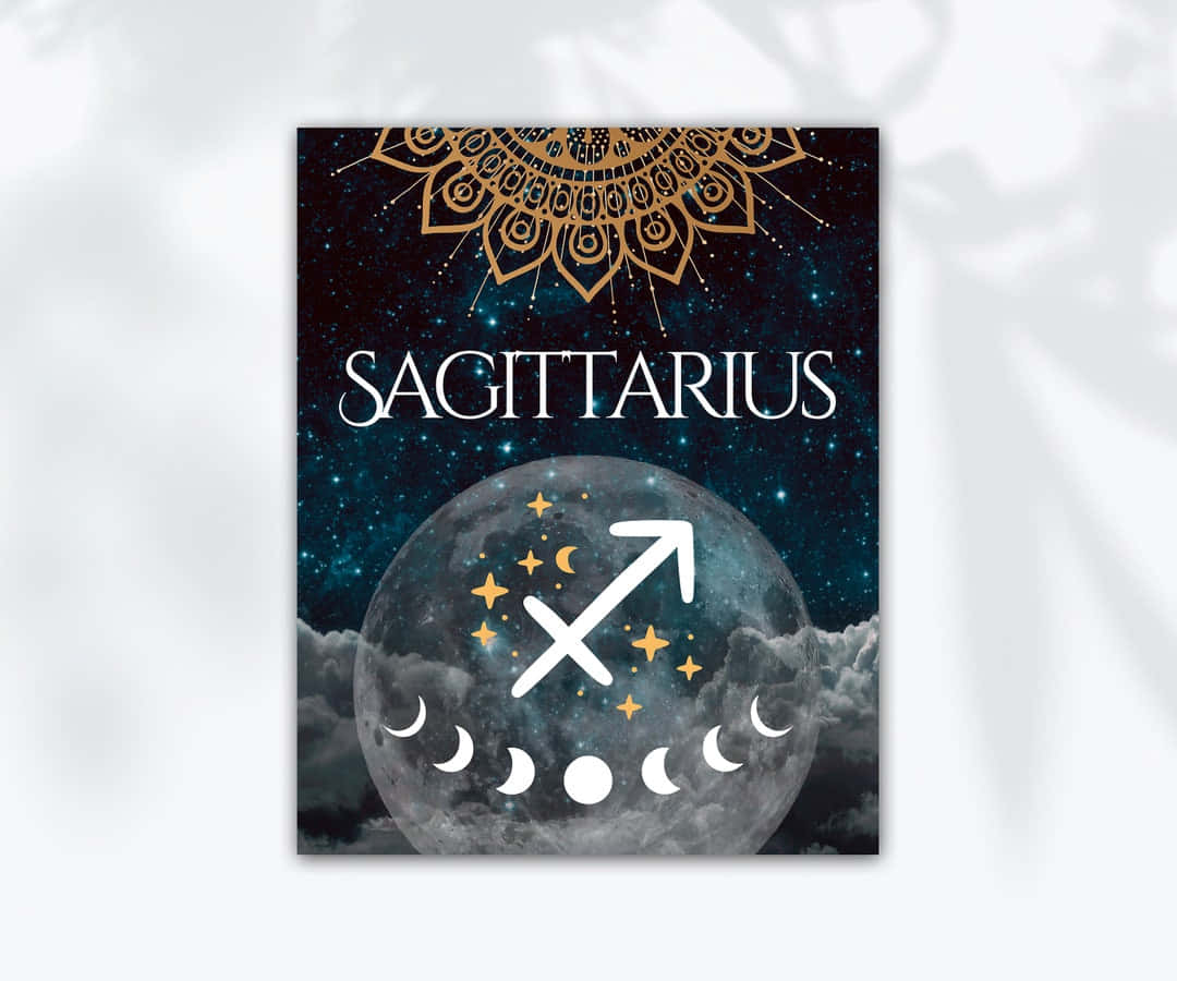 sagittarius 桌布 壁紙 — 一張天體射手座星座海報，帶有月亮相位圓圈、金色曼陀羅和星空夜空。