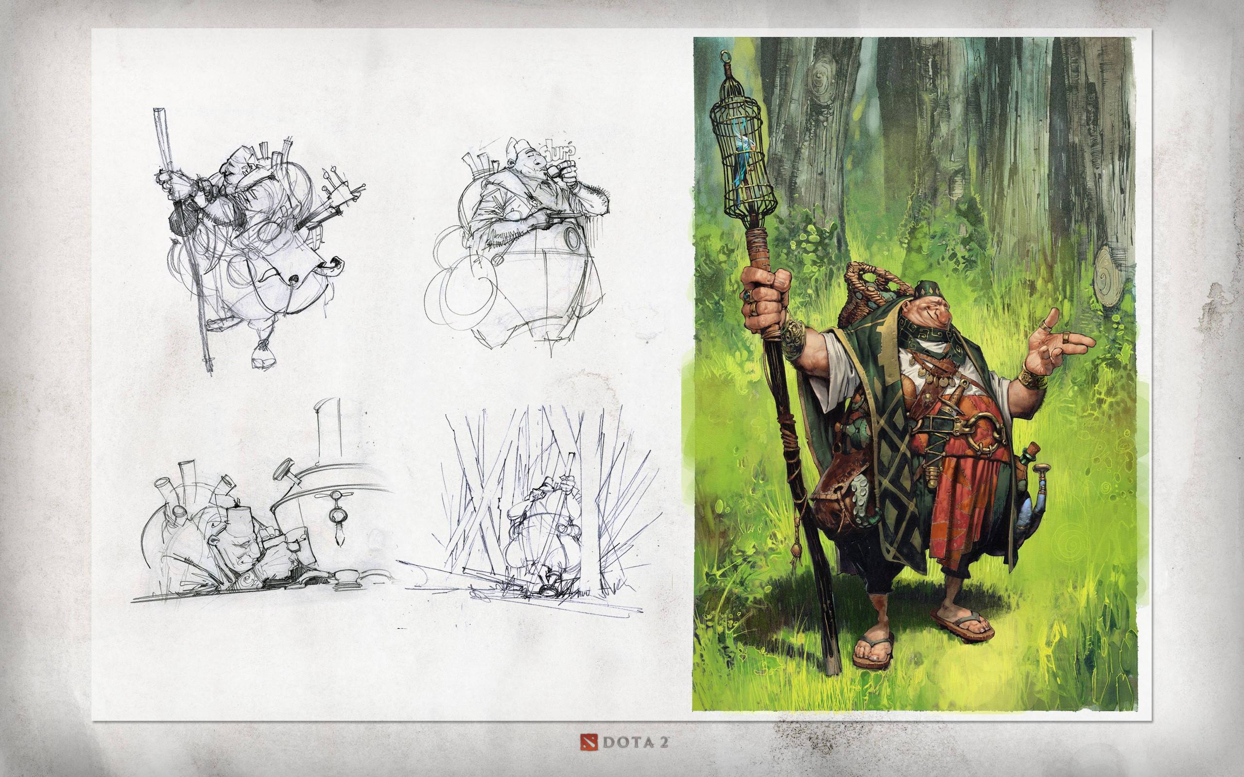 dota 2 4K 桌布 壁紙 — 一張奇幻角色概念藝術圖紙，展示草圖和最終插圖，描繪森林中一位強壯的戰士。