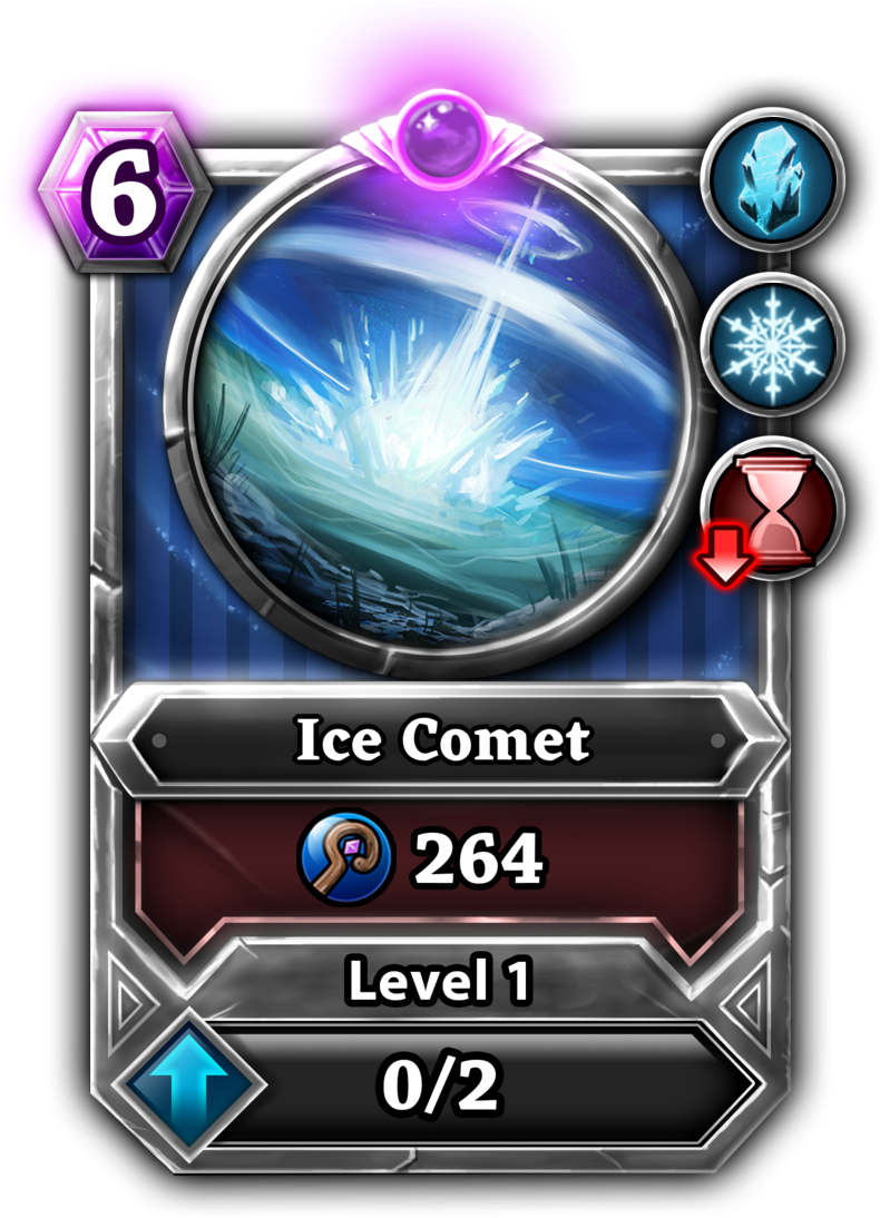 comet 桌布 壁紙 — 一張奇幻遊戲卡牌，描繪一顆冰冷的彗星在冰封的景觀上空爆炸，帶有發光的藍色和紫色點綴。