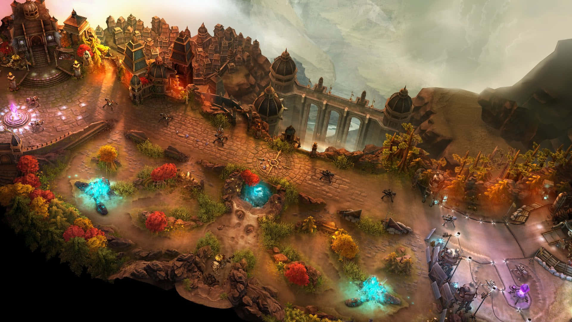 Moba Games 桌布 壁紙 — 一張奇幻遊戲地圖，有發光的藍色水池、秋樹和石頭建築，天空多雲。