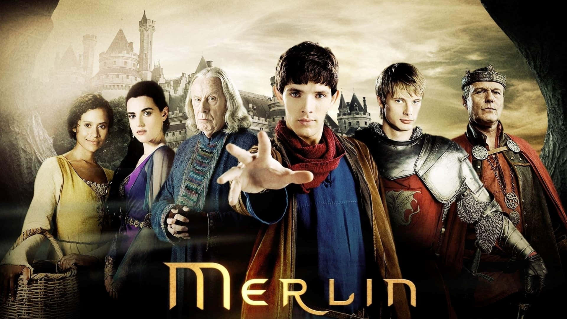 Tv Series 桌布 壁紙 — 一張奇幻電視劇海報，描繪五位身穿中世紀服裝的角色站在城堡前，背景是金色的天空。