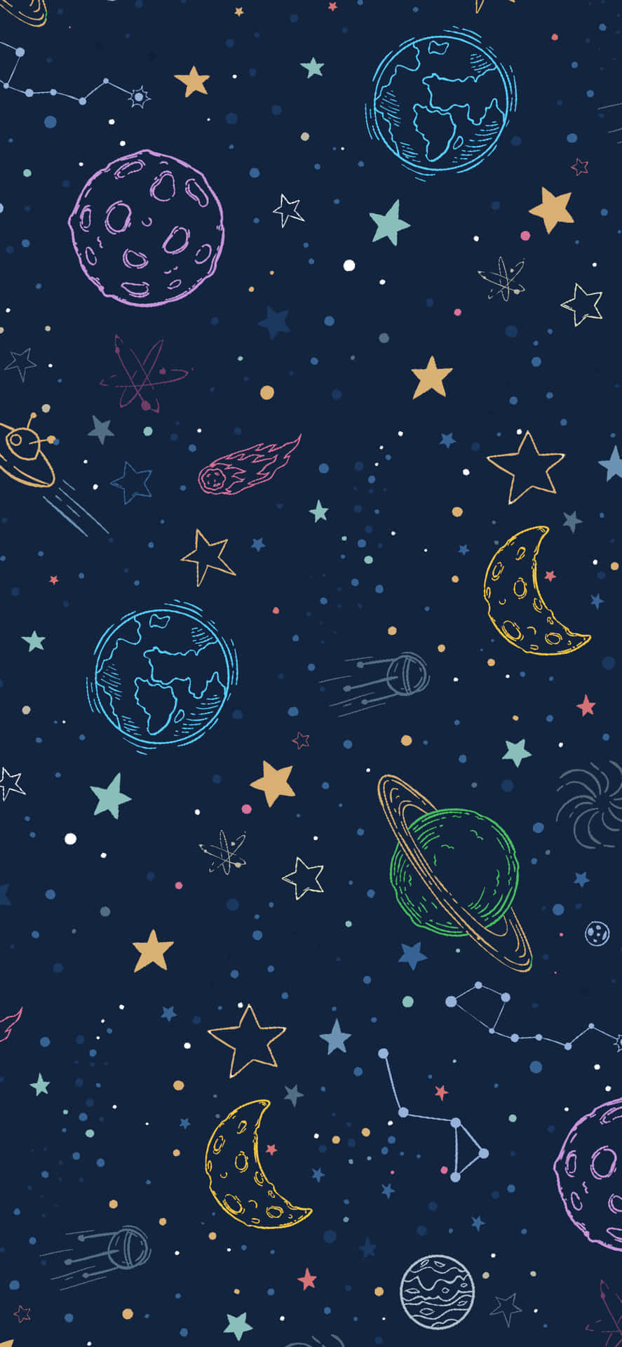 桌布 壁紙 — 一張奇思妙想的宇宙風格壁紙，手繪的星球、星星和星座漂浮在深海軍藍色背景上。