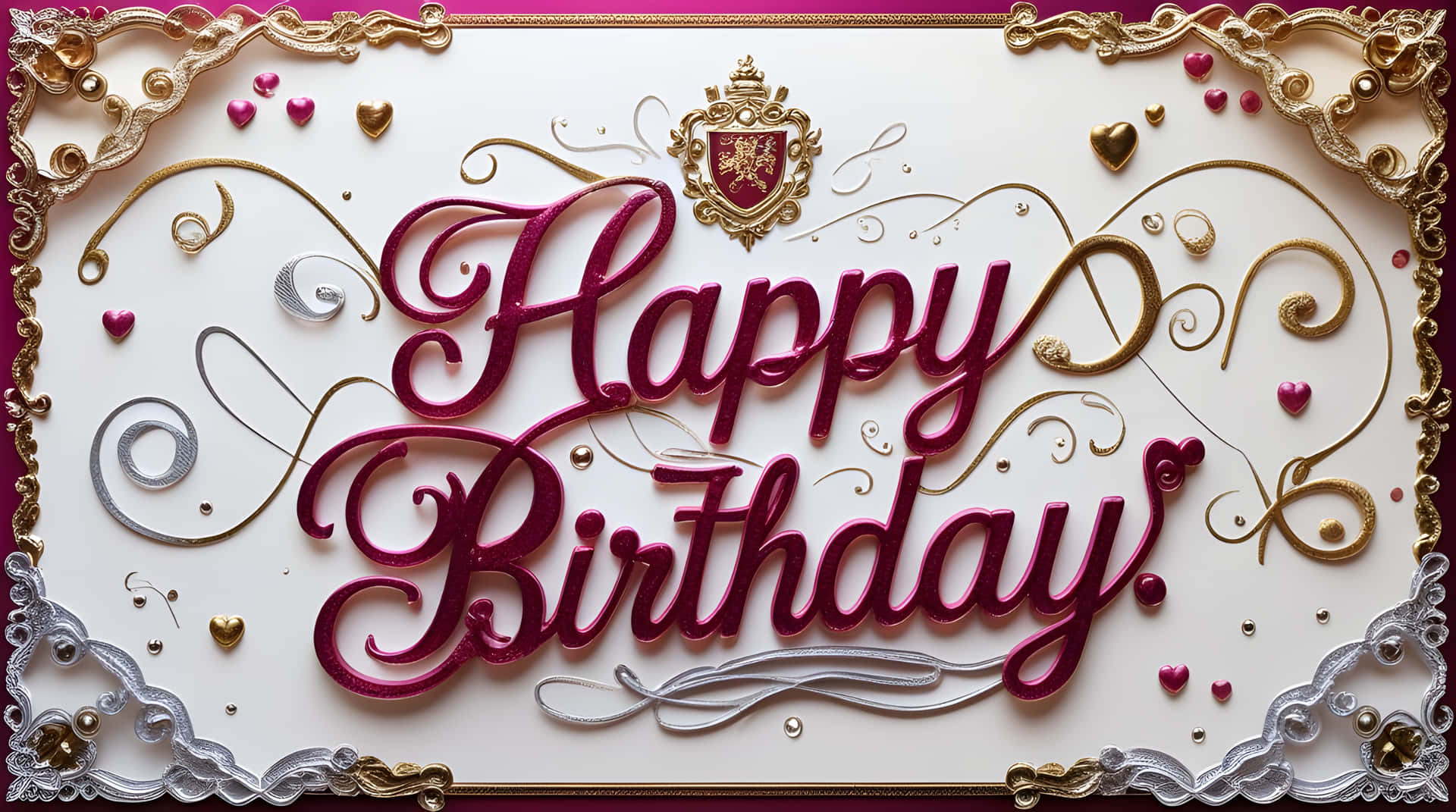 Happy birthday card 壁紙 — 一張奢華的生日賀卡，在奶油色背景上帶有3D栗色字體和華麗的金銀絲細工心形和紋章。