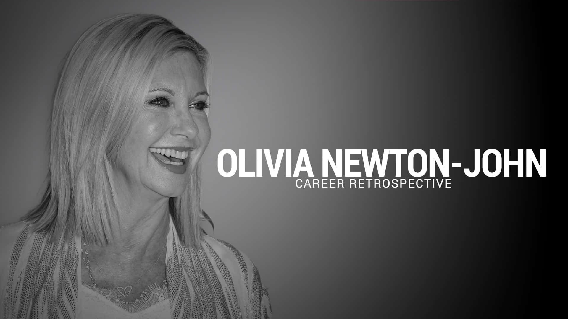 Celebrity 桌布 壁紙 — 一張奧莉維亞·紐頓-約翰的黑白肖像，在灰色漸變背景上溫暖微笑，附有她的名字和職業回顧文字。