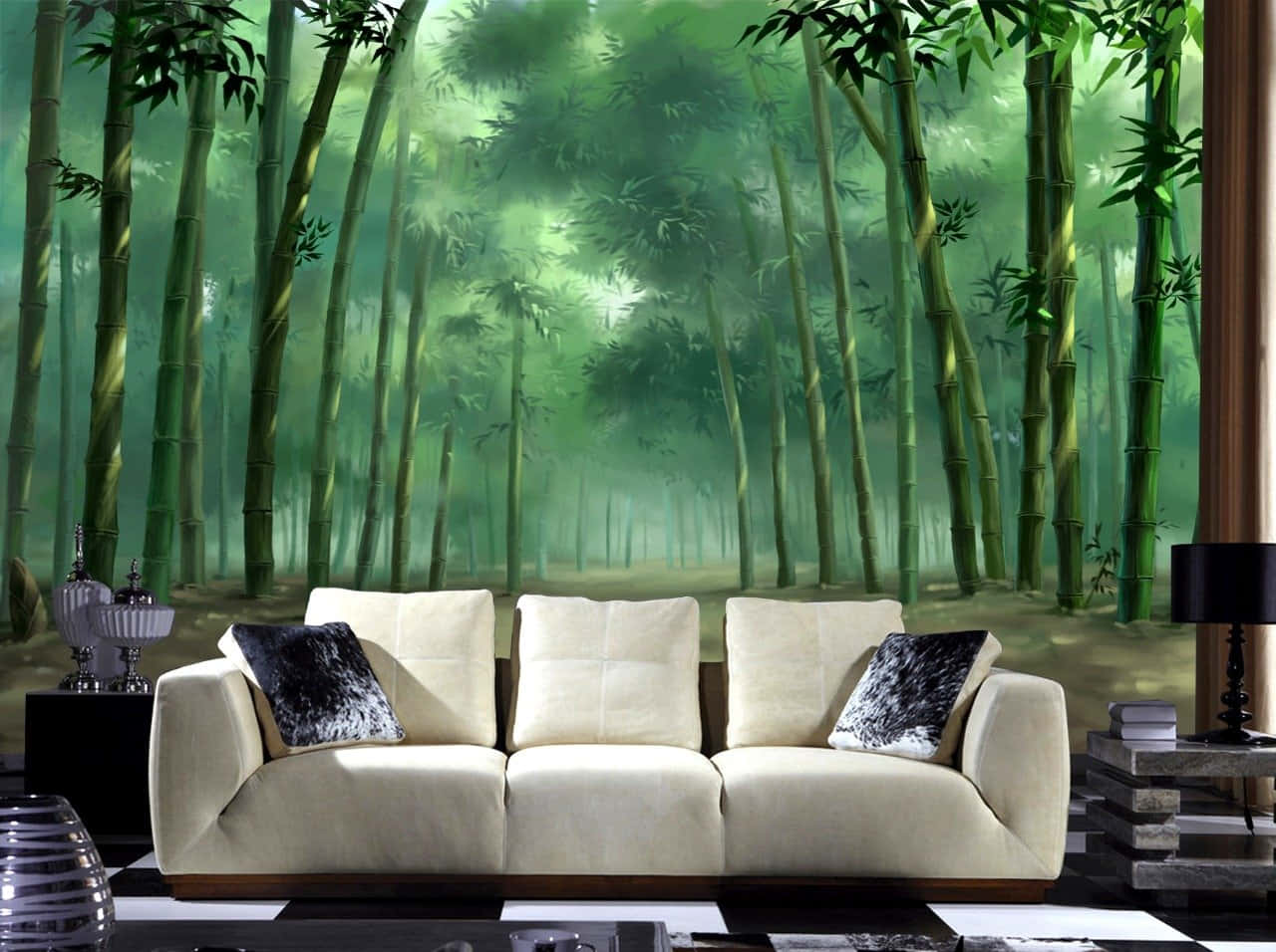 3d Forest 桌布 壁紙 — 一張奶油色沙發放在現代房間中，前面是生動的綠色竹林壁畫，地板是黑白棋盤格圖案。