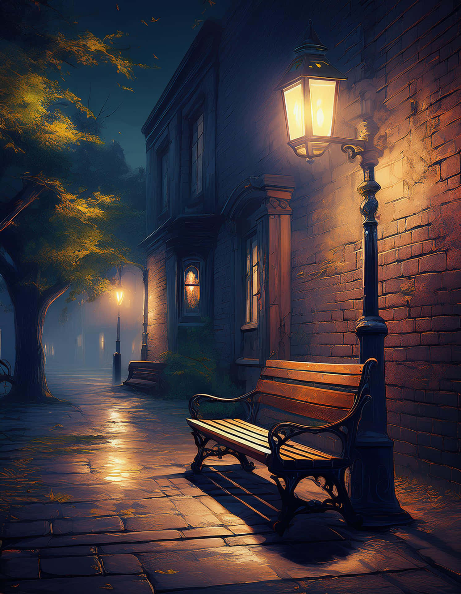 A Quiet Bench Under the Street Lights at Night 壁紙 — 一張孤獨的木凳在夜間霧氣瀰漫的鵝卵石小巷中，在復古路燈下發光。