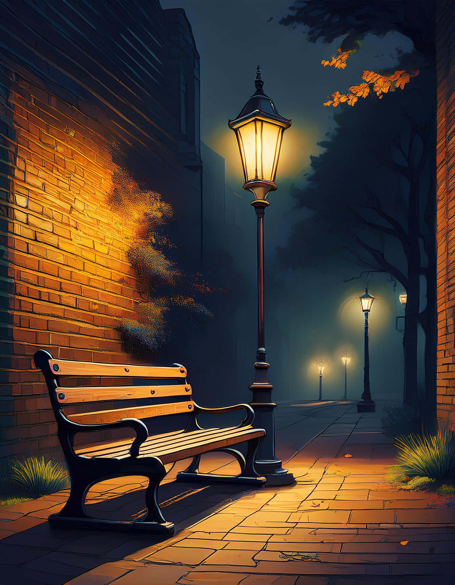 A Quiet Bench Under the Street Lights at Night 壁紙 — 一張孤獨的木凳在夜間霧濛濛的鵝卵石小巷中，在復古街燈的溫暖燈光下閃耀。