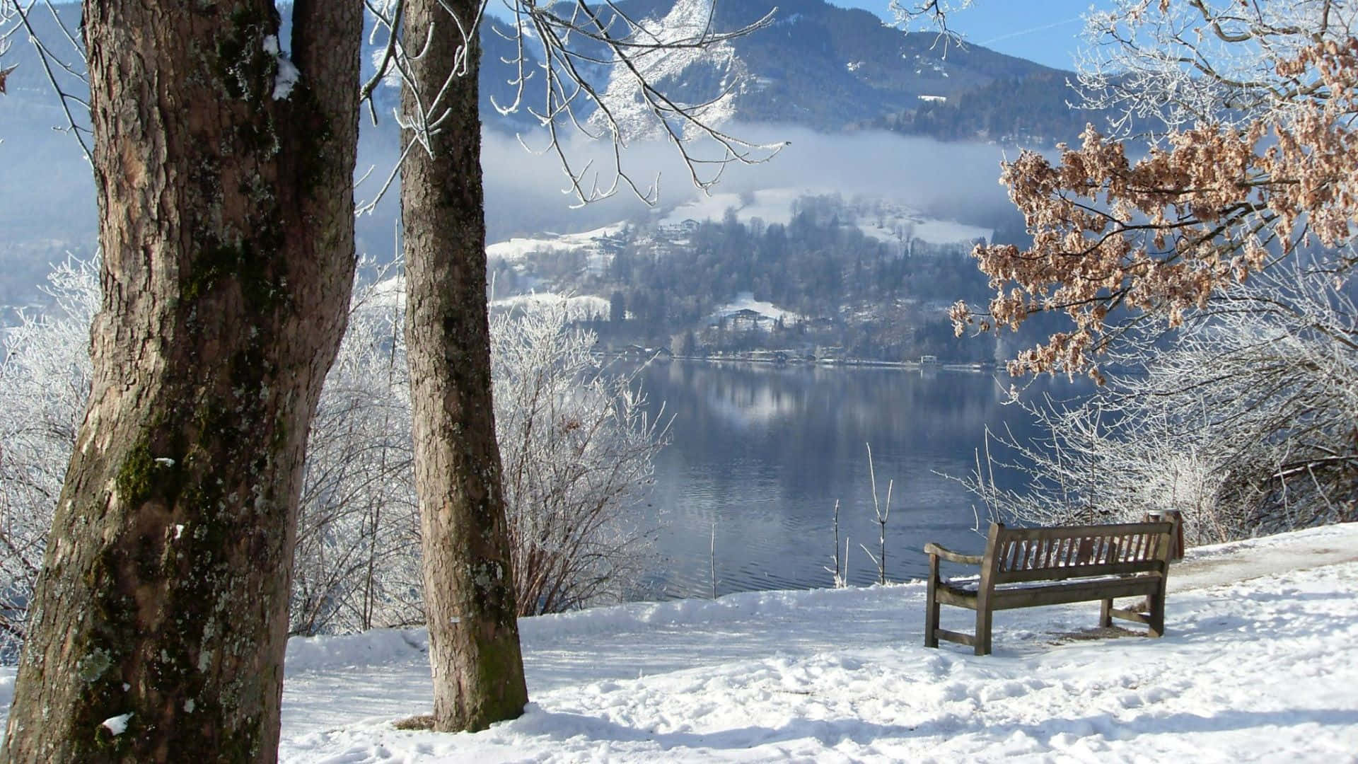 Winter Scene 桌布 壁紙 — 一張孤獨的木凳坐落在白雪皚皚的冬季景觀中，俯瞰著霧氣瀰漫的湖泊，背景是白雪覆蓋的山脈。